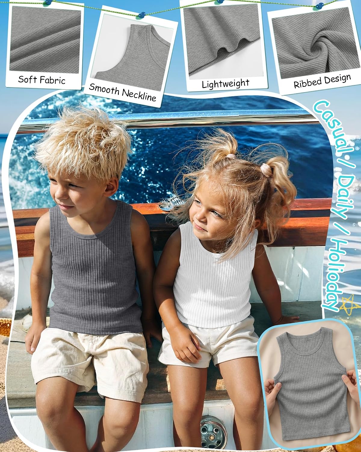 4 Pack Toddler Boys Tank Tops Kids 95% Cotton Ribbed Sleeveless T-Shirts Summer Slim Fit Crewneck Undershirts 18M-5T