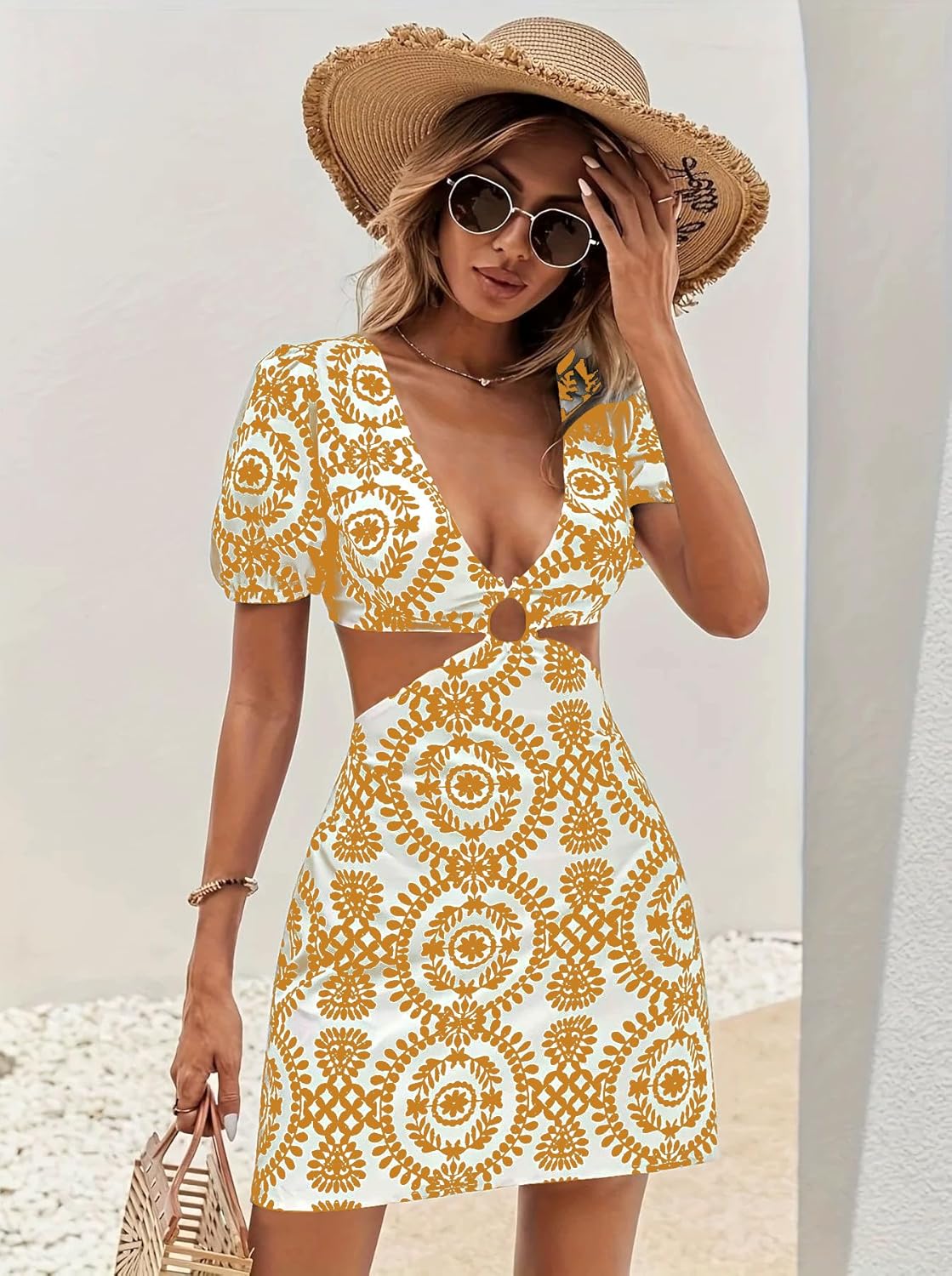 SISKIN Summer Dresses for Women 2025 Sexy Bodycon Cut Out Tie Back Puff Sleeve Dress for Women Vacation - Image 3