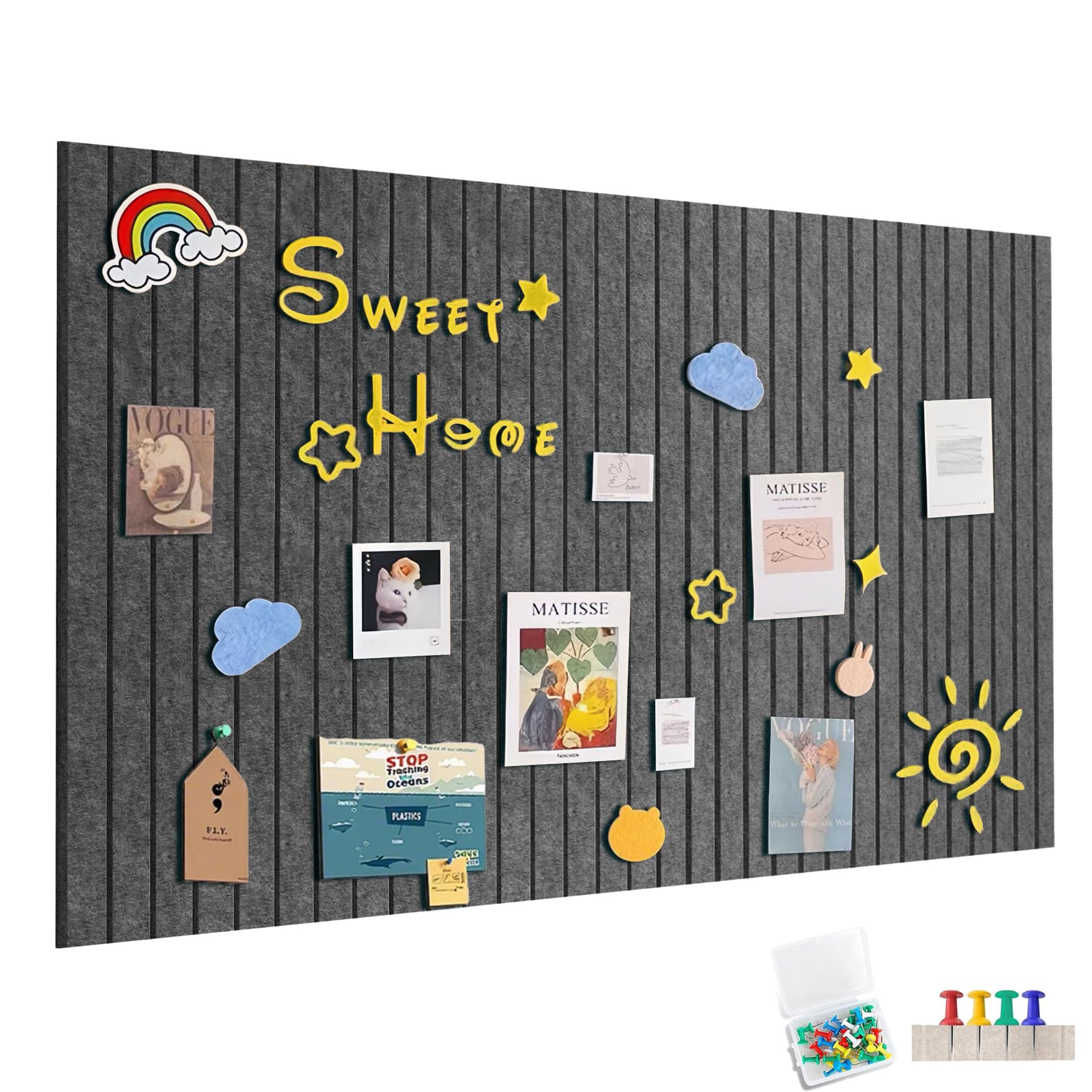 120 x 90 cm Large Felt Notice Board, Self-Adhesive, Felt Board, Memo Boards with 60 Push Pins, Bulletin Board, Wall Decoration for Office, Kitchen, Photos Memos, Dark Grey — image 1