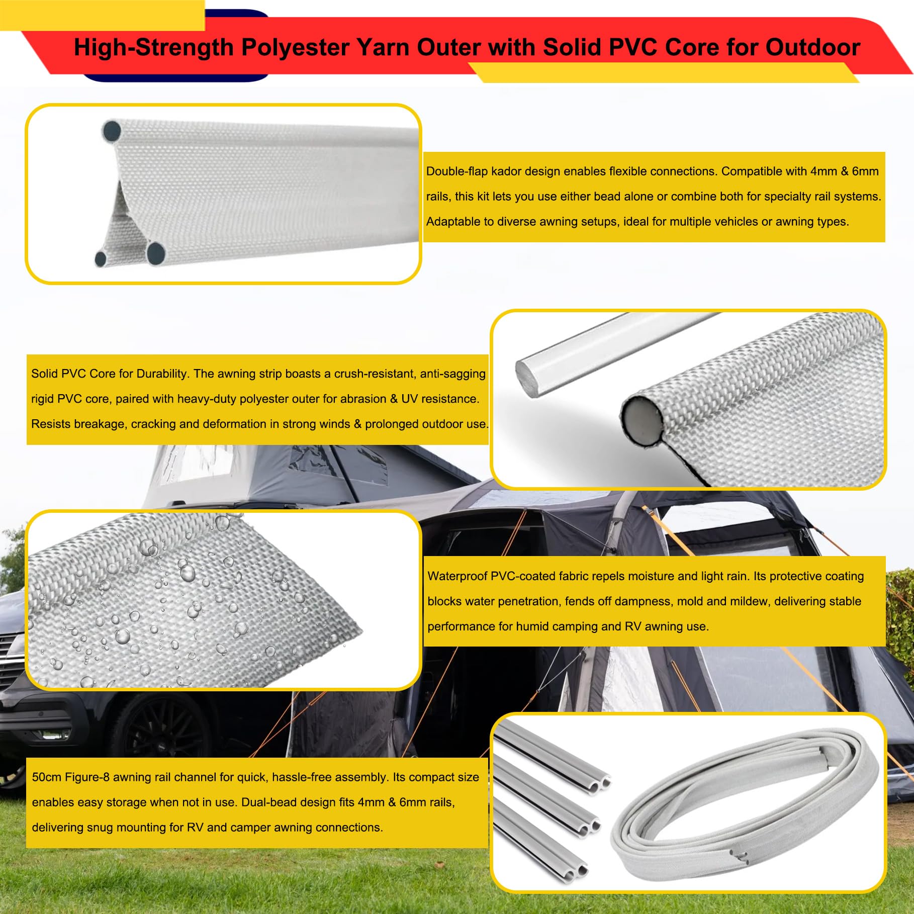 4 Meter Markisen Doppelkeder Adapter Set mit Kederschiene, Doppel-Kederleiste 4 mm und 6 mm, 8 Stück 50 cm Kederprofil in Acht-Form, Universelles Markisenschiene für Wohnwagen Wohnmobil Caravan
