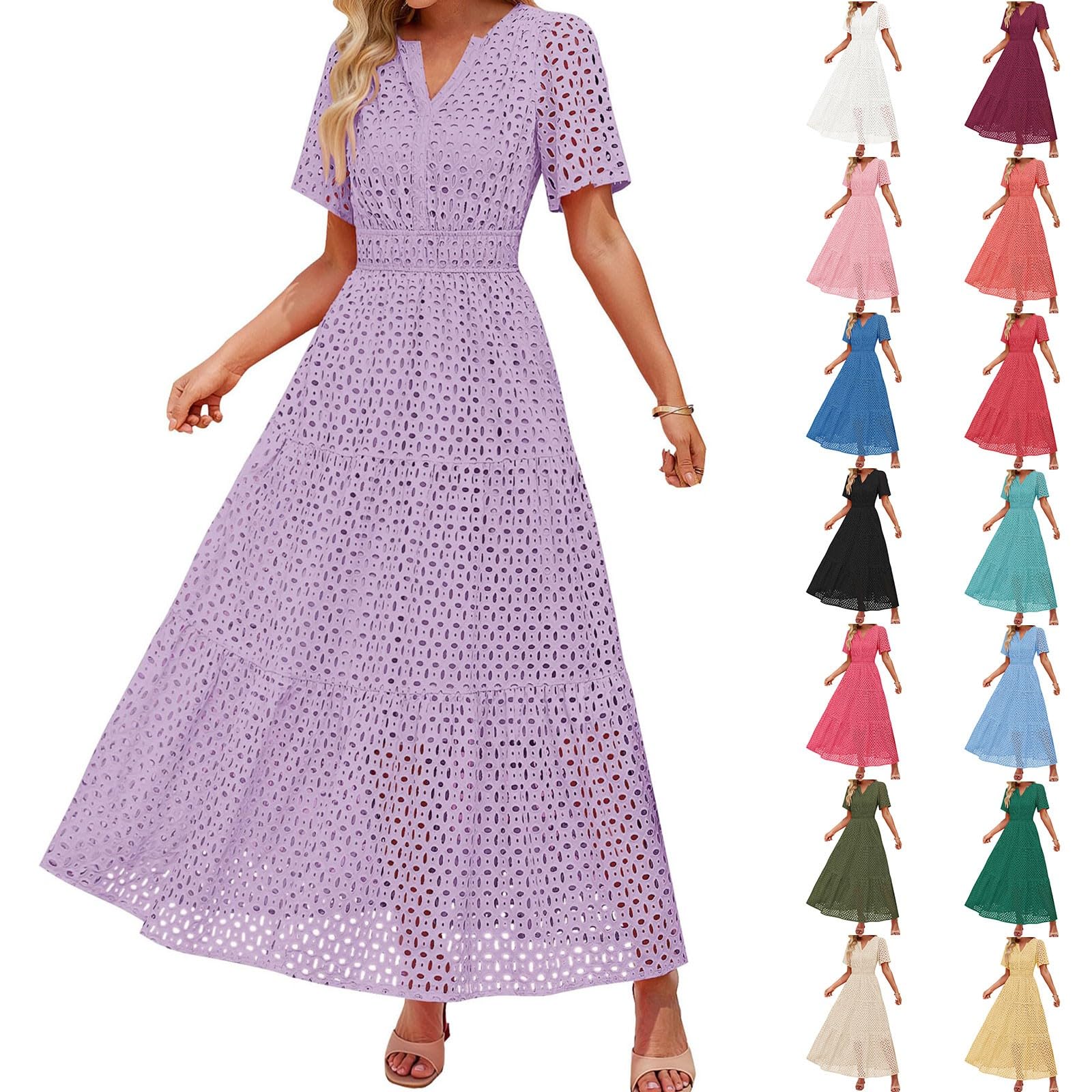 Damen Kleider Sommer Elegant Lang Sommerkleid A Linie Kleid Aushöhlen Maxikleid Mit Ärmeln Sommerkleider Frauen Strandkleid Leicht und Luftig Locker Damenkleid Einfarbig Freizeitkleider