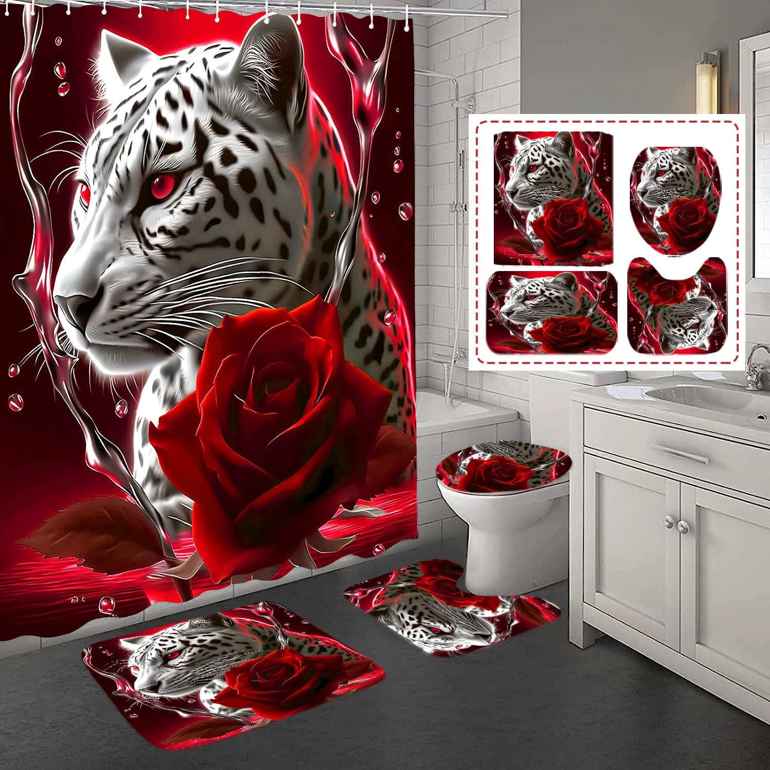 beifivcl 4PCS Red Rose and Leopard Shower Curtain Bathroom Set with Non-Slip Rugs, Toilet Lid Cover and Bath Mat, Red Bathroom Decor Set Accessories Shower Curtains with 12 Hooks, 72 x 72 Inch