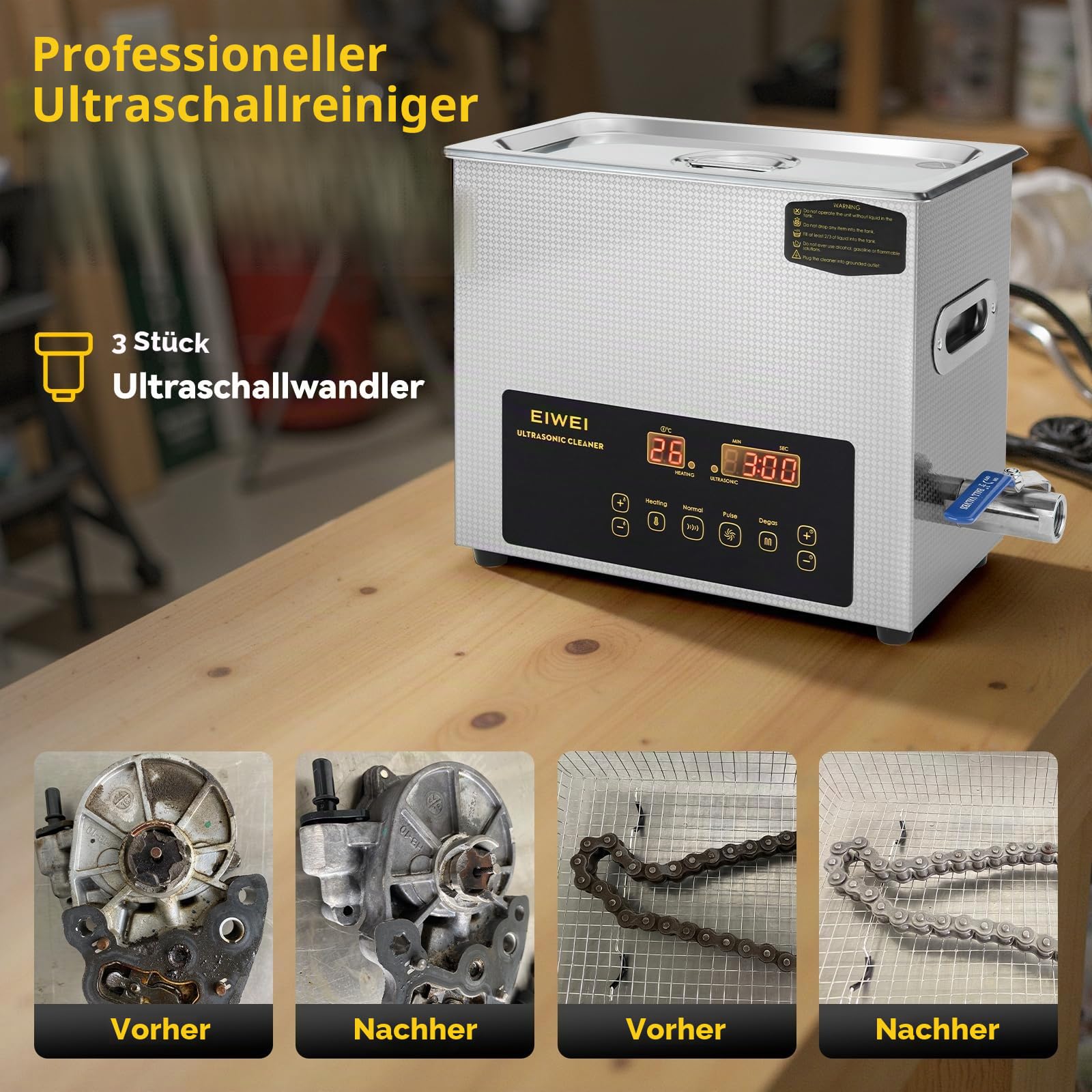 Ultraschallreinigungsgerät 6L mit zwei Leistungsstufen (Voll-/Halbleistung), Heizung, Timer & Entgasungsfunktion – ideal für Vergaser, Bauteile, Schmuck, Brillen, Zahnprothesen, Leiterplatten