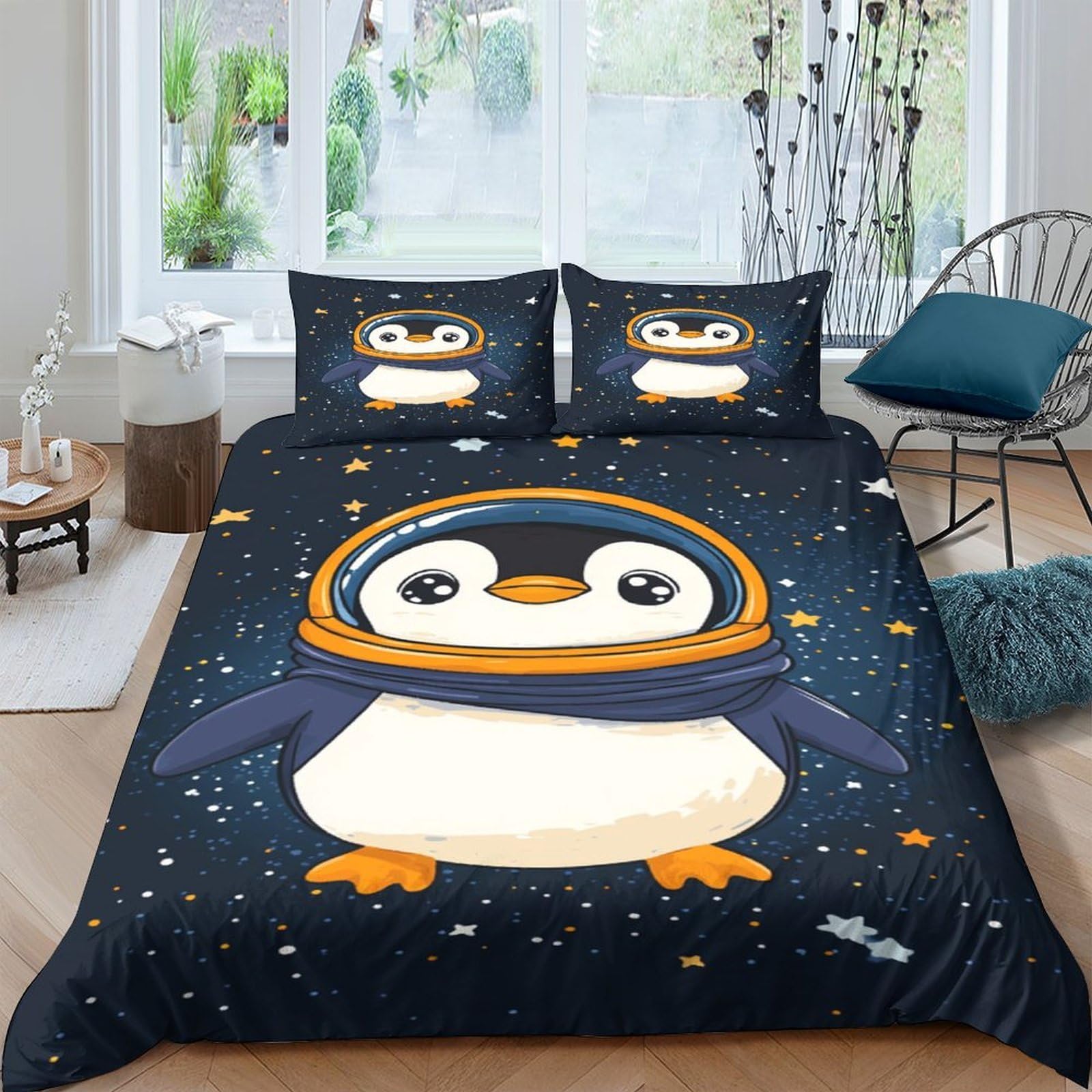 GPLZQXKJNH 3D Printed Cute Penguin Duvet Cover Microfiber Navy Blue Cartoon Bedding Set with 2 Pillowcases for Bedroom Home Decor Single（135x200cm）