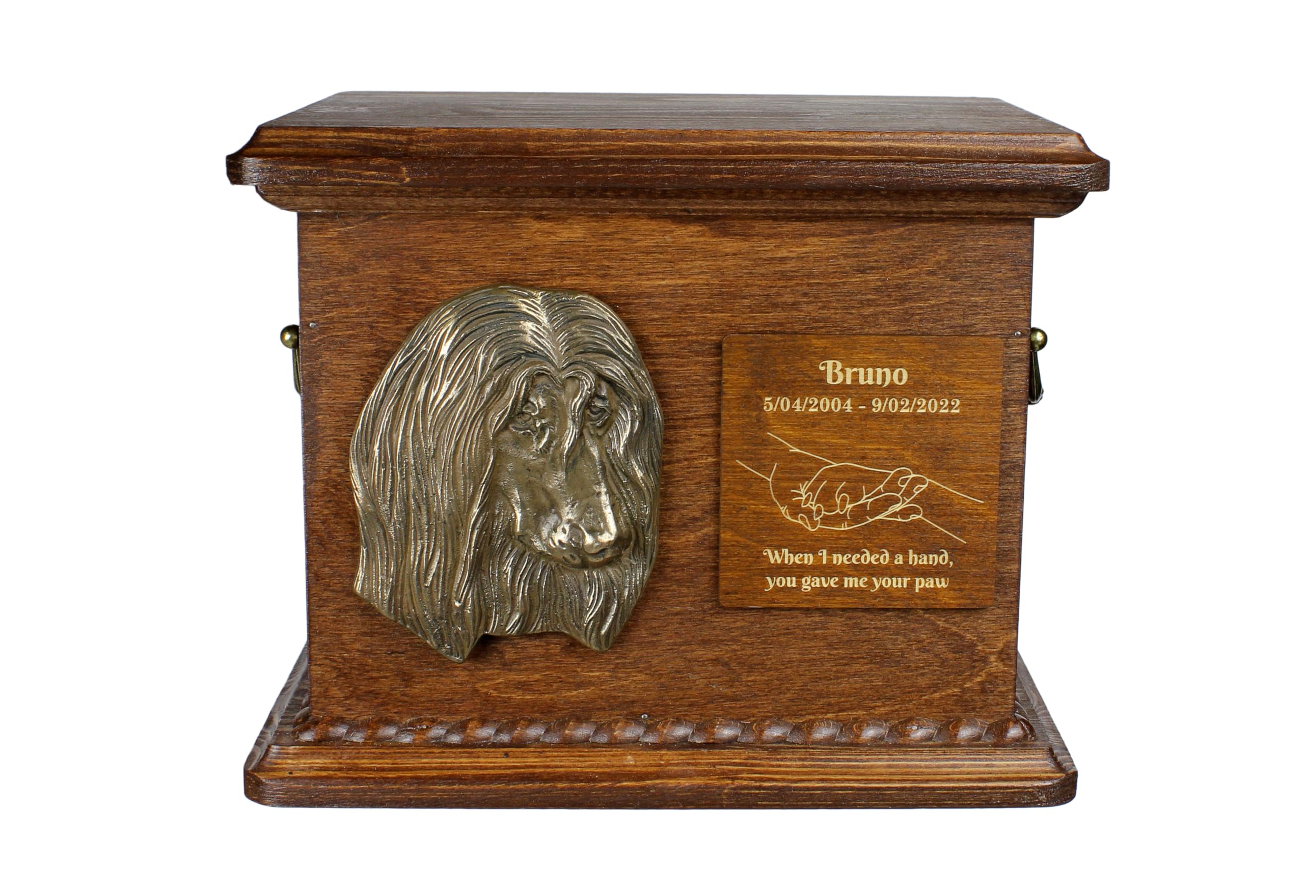 Art-Dog Urn for Dog Ashes - Handmade Memorial with Relief, Personalized Engraving, and Cold Cast Bronze Bust – Custom Pet Memorial Urn – 8.3x11.4x8.7” – Afghan Hound