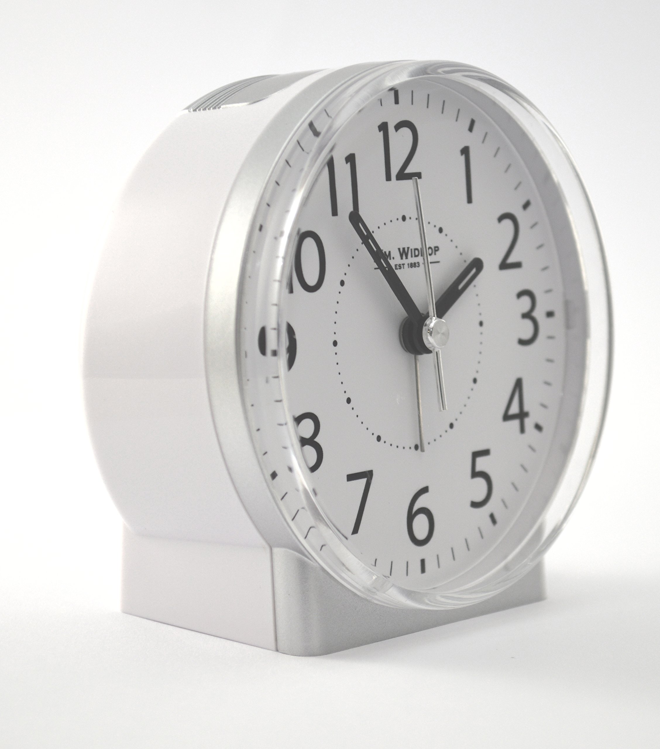 White Alarm Clock with Silent Sweep No Ticking Feature Plus drzemka, Auto Shut off & Light by Widdop Bingham