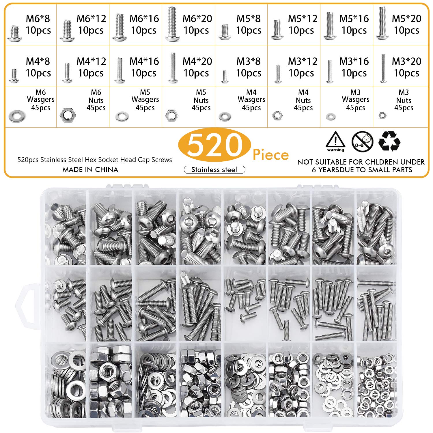 WEKONWEKON 520pcs Stainless Steel Hexagonal Screws Set Full Thread Cylinder Screws with Nuts and Washers, Assortment Screws M3 M4 M5 M6 Metric Round Head, Hexagon Nuts and Plate Washer with Storage Box
