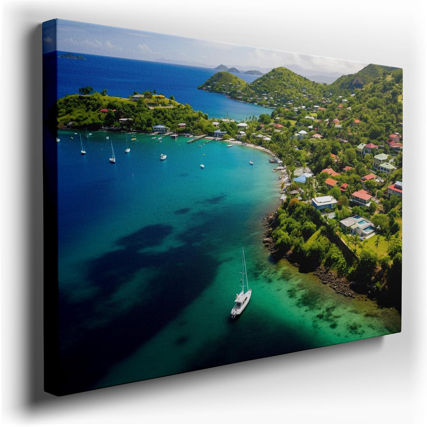 Canvas for Living room. Idyllic Coastal Village Serenity - Where Nature Embraces the Sea, 27 x 18 inch Canvas Wall Art - Ready to Hang