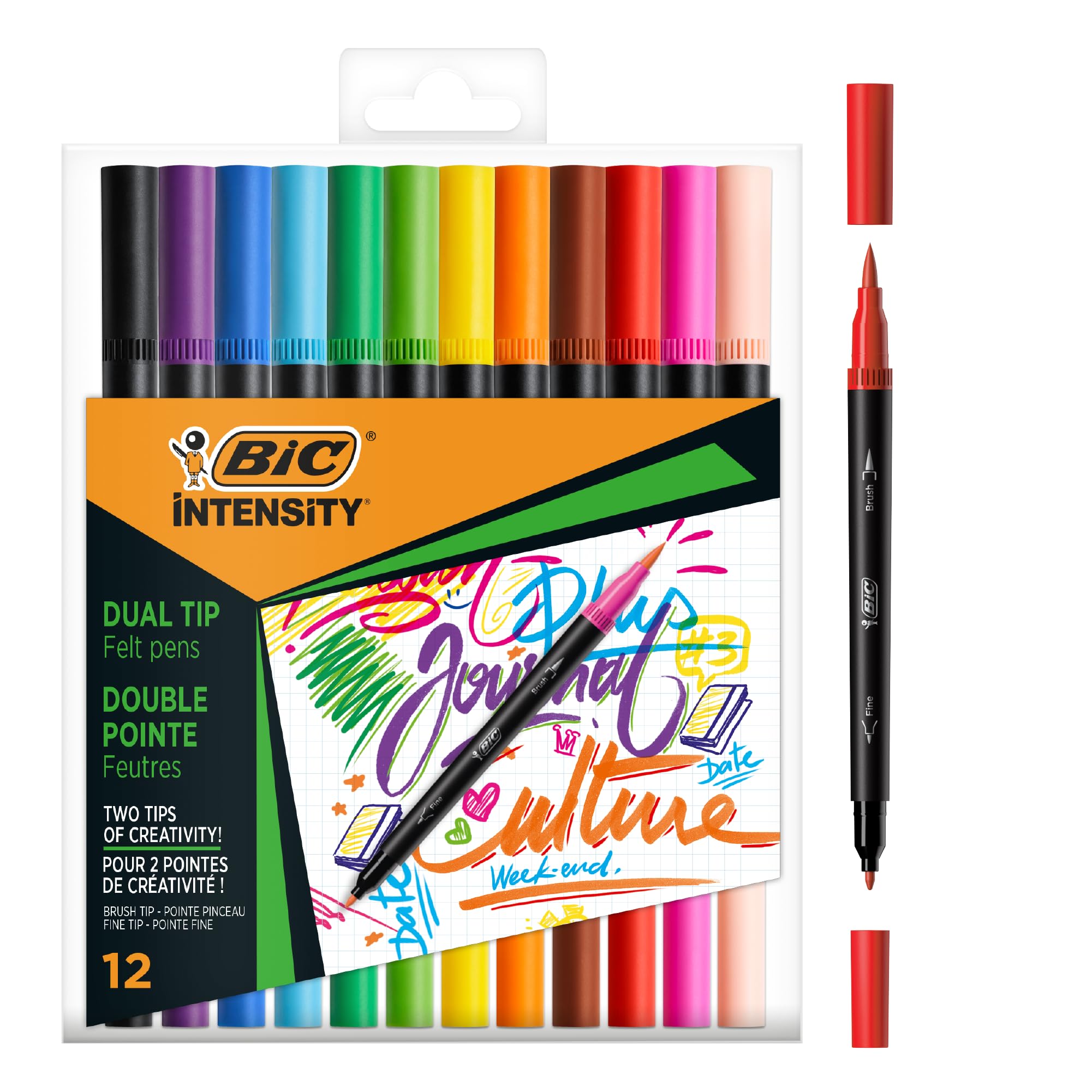 BIC Intensity, Lettering Dual Ended Markers, Ballpoint Pen + Brush, Assorted Colours, Box of 12 Units
