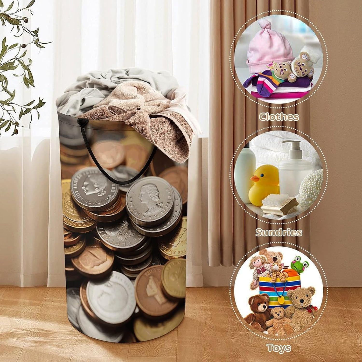 Currency Coin Laundry Hamper with Handles Waterproof Collapsible Laundry Basket Large Lightweight Round Dirty Clothes Hamper for Home Dorm Bathroom Decor