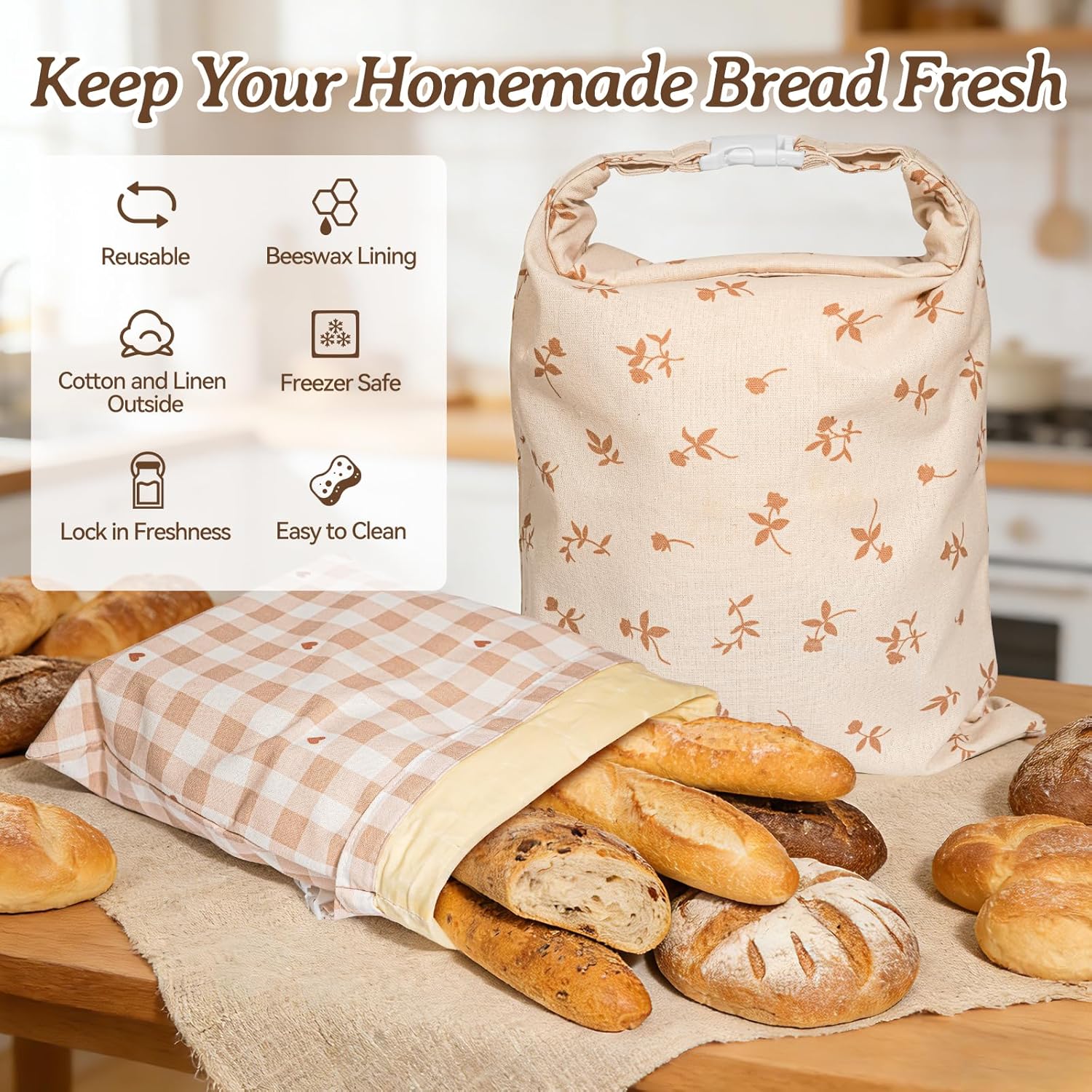 Beeswax Bread Bags for Sourdough, 2 pcs Reusable Beeswax Bread Bags for Homemade Sourdough, XL Cotton and Linen Food Storage Bag for Picnics, Pantry, Long-Lasting Freshness (Rose+Checkered Pattern)