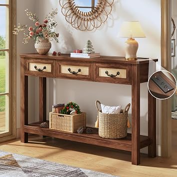 HUAHUU 47.2" Console Table with 3 Rattan Drawers, Long Sofa Table with Storage Behind Couch, Farmhouse Entryway Table with Power Outlet & Open Storage for Entrance/Hallway/Foyer/Living Room, Walnut