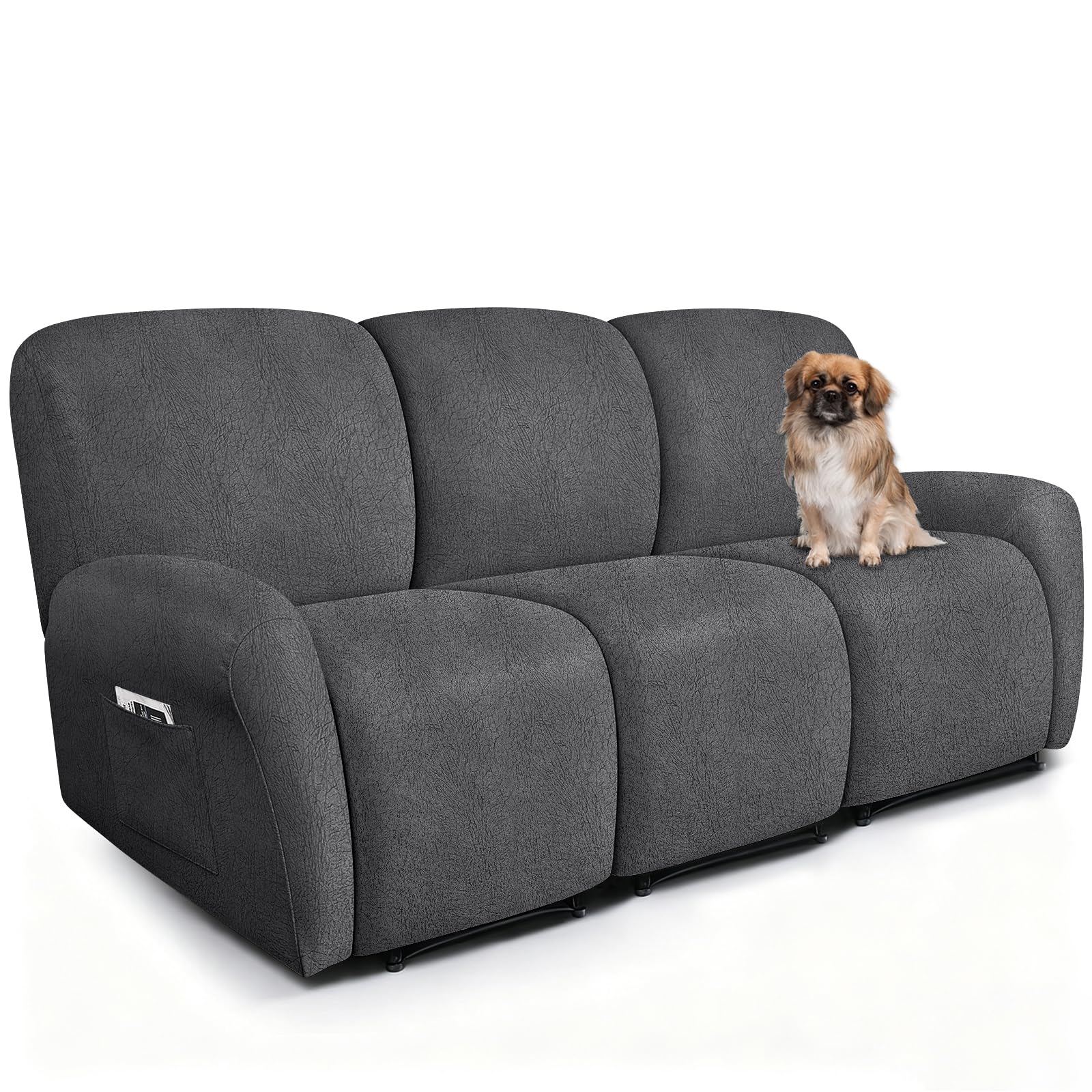 ANARACHON Leather Look Recliner Couch Cover 8-Piece Recliner Sofa Slipcovers 3 Seater for Reclining Couches Furniture Protector Spandex Fabric Washable (Recliner Sofa,256Dark Gray)