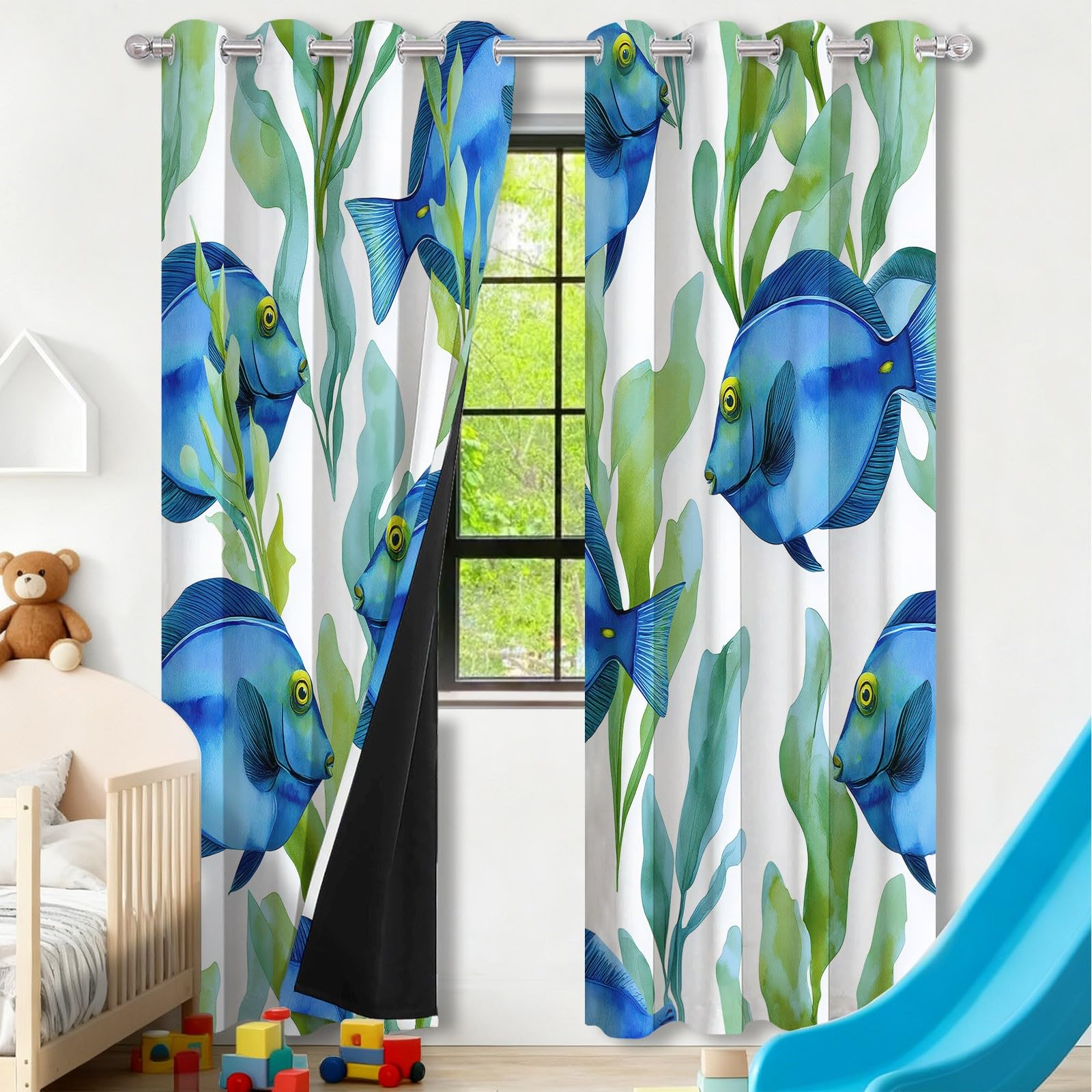 Verdunkelungsvorhänge mit Ösen H 175 × B 140 cm (2er Set), Aquarell Ozean Doktorfisch Bedruckte Thermo Vorhänge für Schlafzimmer & Kinderzimmer, Blickdichte Gardinen Lärmschutz, Weiß