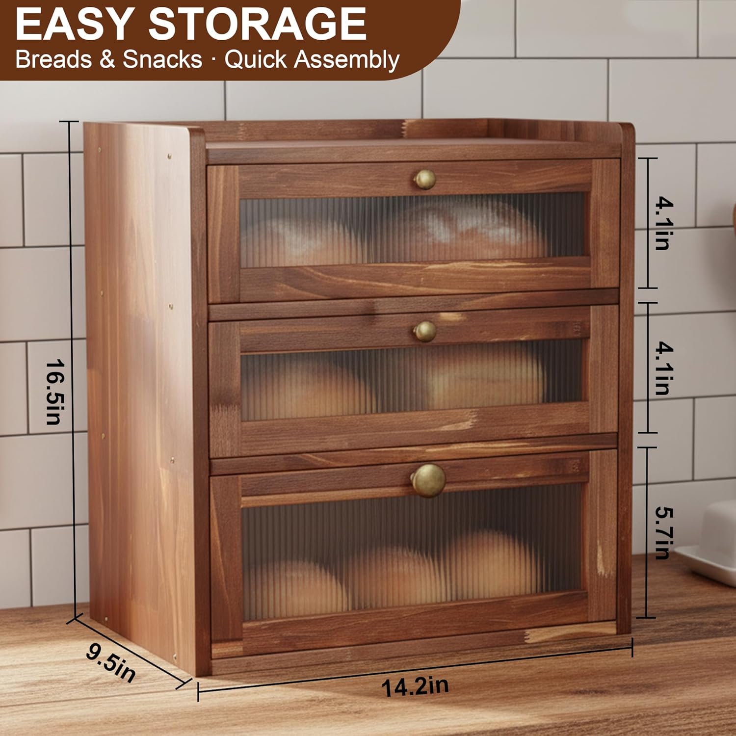 Bread Box for Kitchen Countertop, Bin 3 Layer Bread Storage Container, Wooden Breadbox Holder, Large Capacity Food Organizer, Vintage Multi-functional Container, Pantry Shelf with Acrylic Window