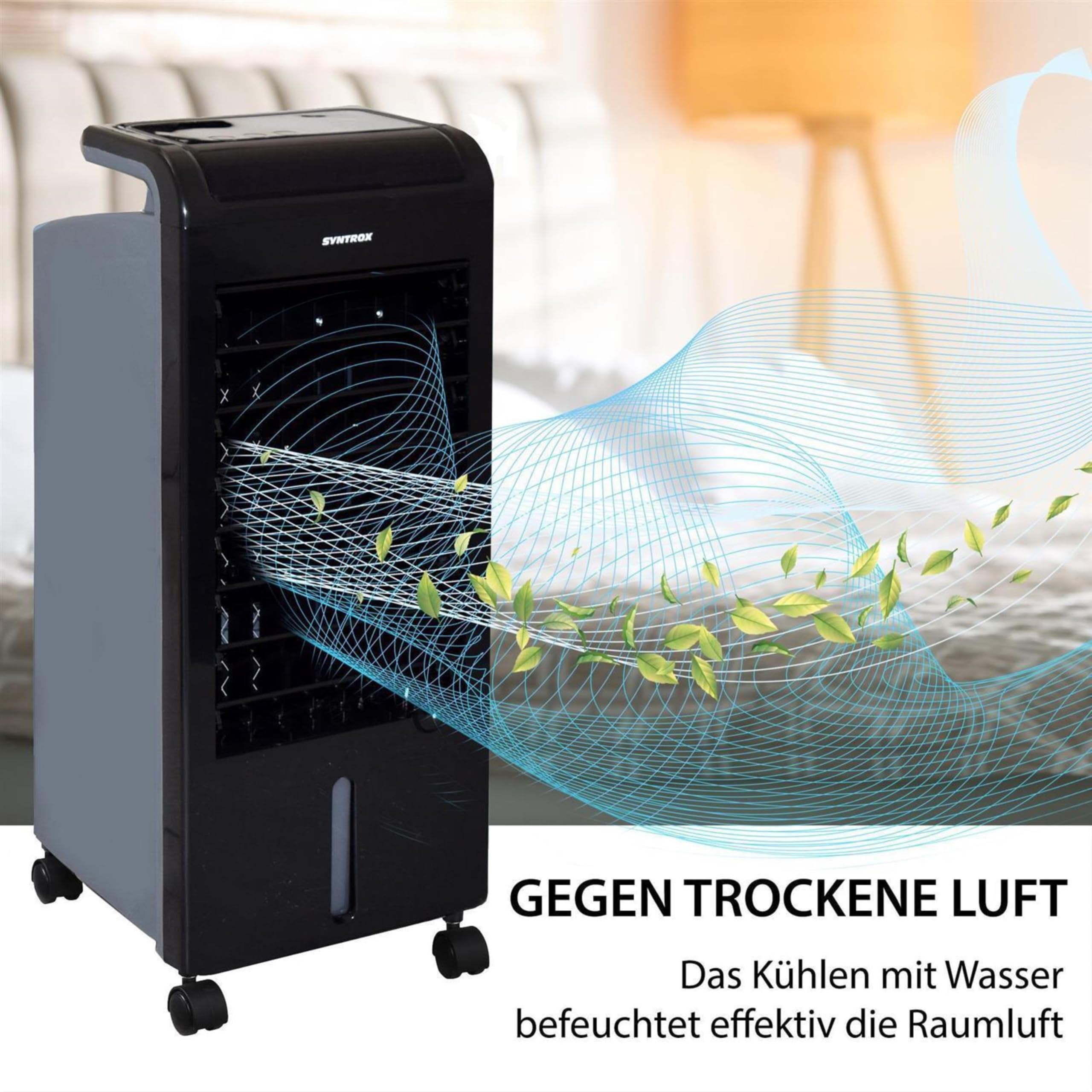 Syntrox Mobiler Luftkühler mit Wasser Soft | Luftbefeuchter | Verdunstungskühler, 80 Watt, 5 Liter Kapazität, Raumluftbefeuchter, Wasserverdunstungskühler, mit Timer
