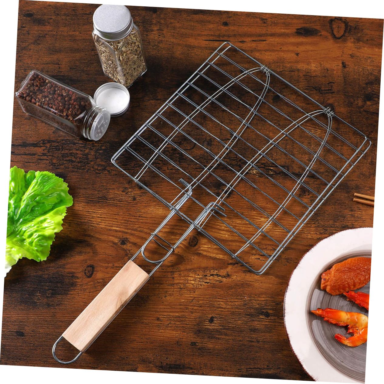 BESTonZON Fischgrillkorb zum Einfachen Wenden von Fisch und Gemüse 2 Stück aus Edelstahl mit Holzgriff Leicht und Praktisch für Outdoor Camping und Picknick