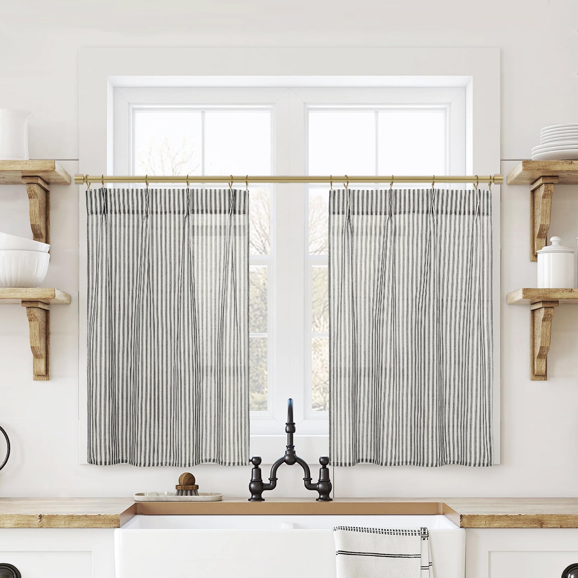 Lino Rosa Small Window Curtains for Kitchen,Black Cream White Farmhouse Style Sheer Linen Half Curtains for Windows