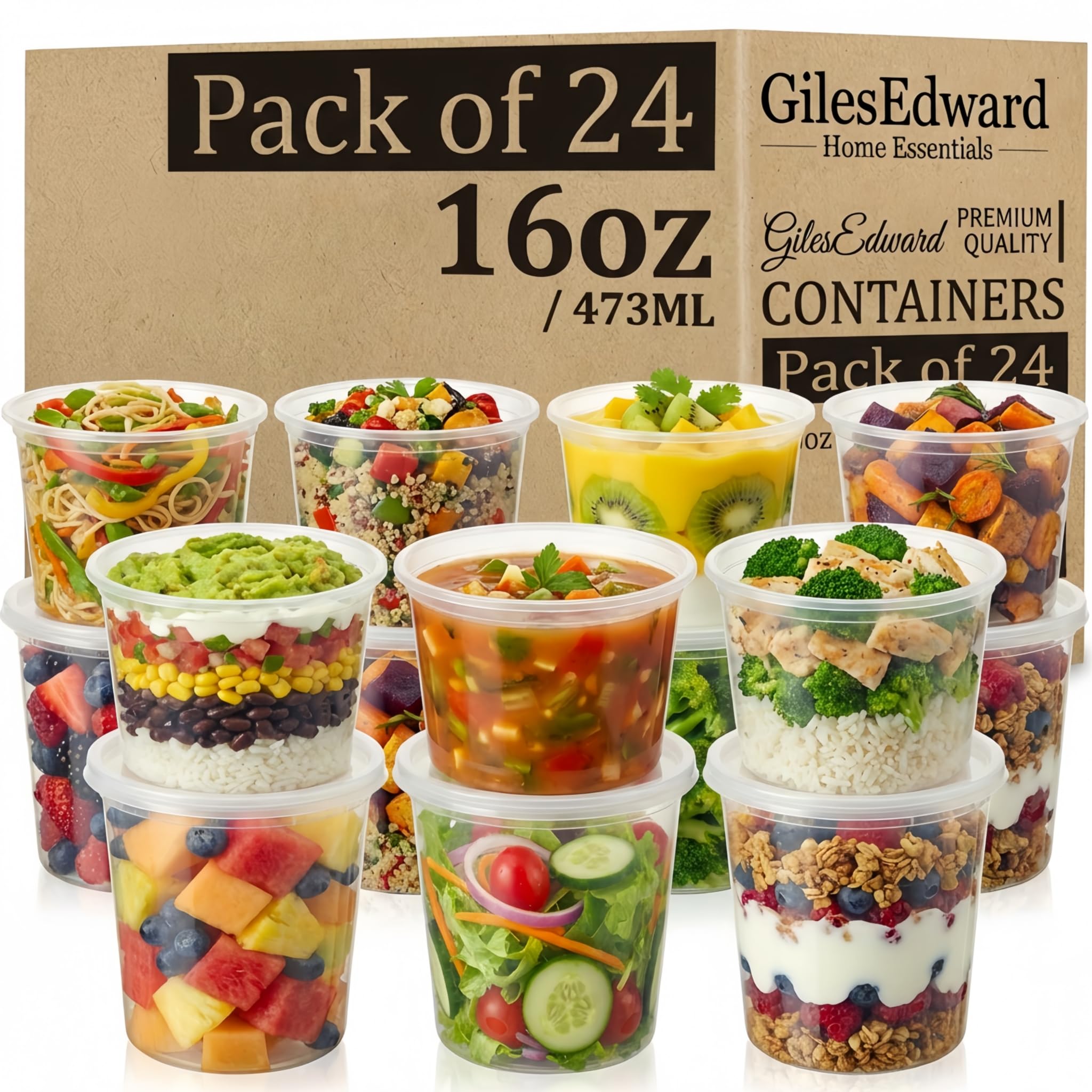 Gilesedward Transparent 24 Pack 16Oz Soup Containers With Lids, Large Plastic Food Storage Tubs For Batch Cooking, Leakproof Reusable Deli Pots, Freezer & Microwave Safe, Bpa Free Meal Prep Containers For Curry, Stew & Soup