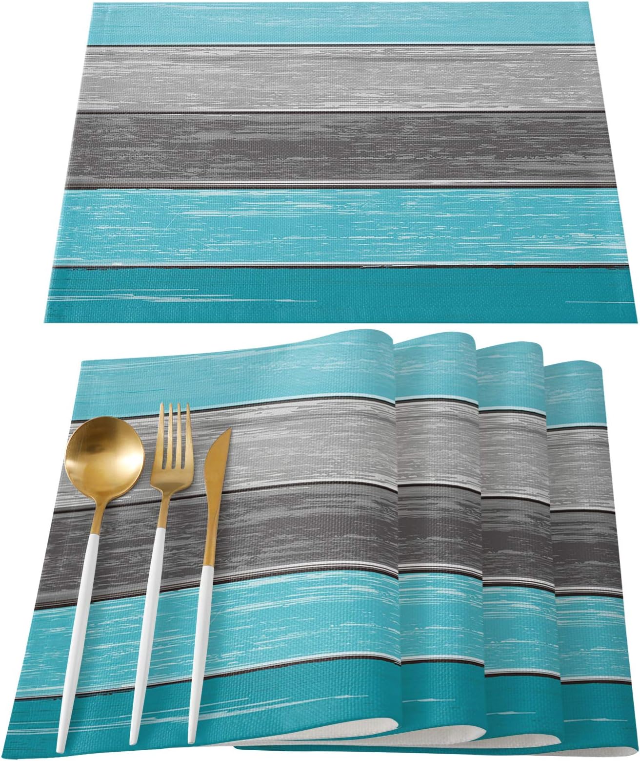 Vandarllin Placemats Set of 6, Retro Rustic Barn Wood Texture Polyester Stain Resistant Table Mats Washable Placemat Decoration for Kitchen Dining Table Ombre Aqua Blue Gray