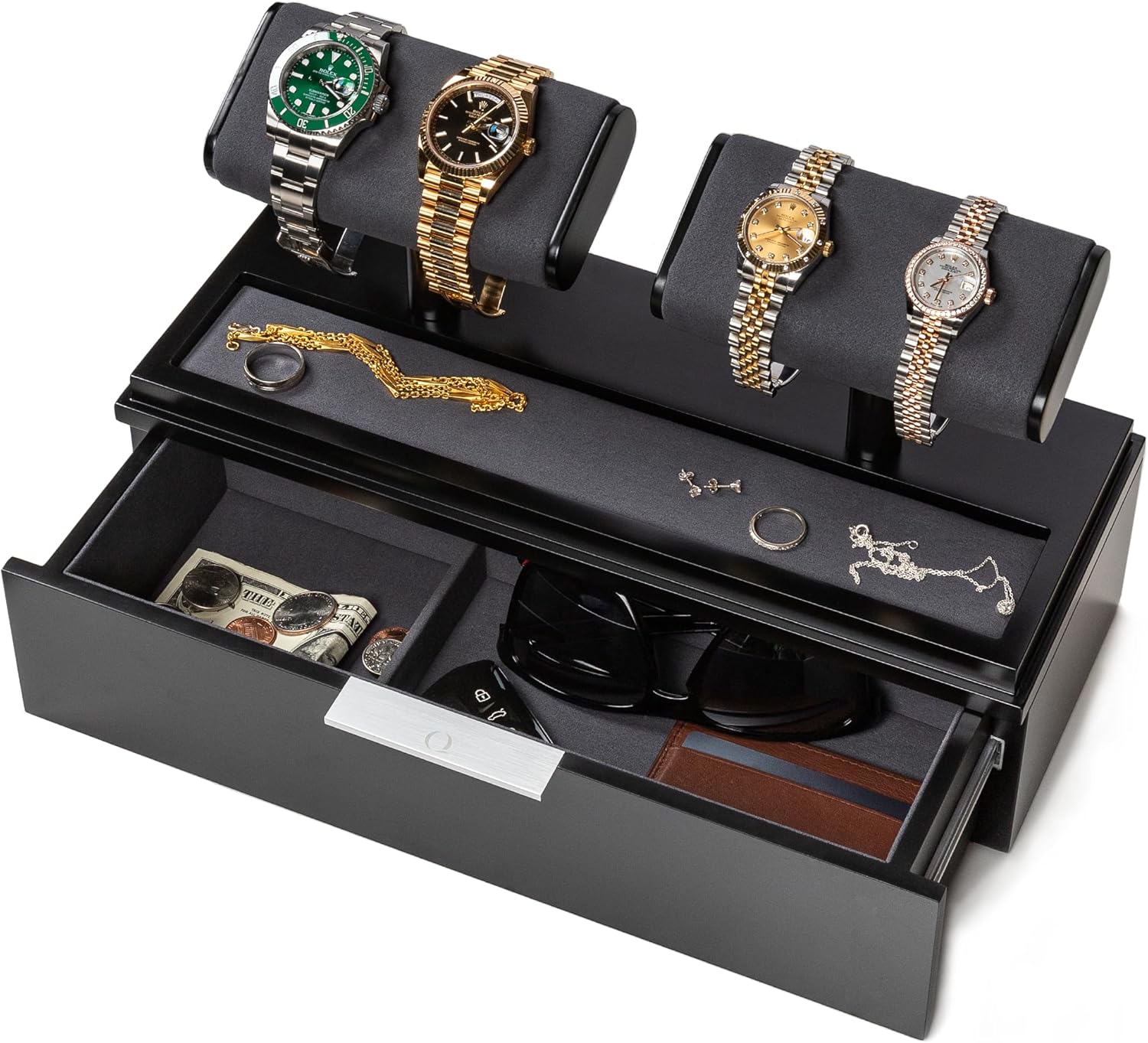 QWATCH Watch Stand Display Case - Acrylic Watch Box for 2 or 4 Watches with Jewelry Valet Tray and Drawer