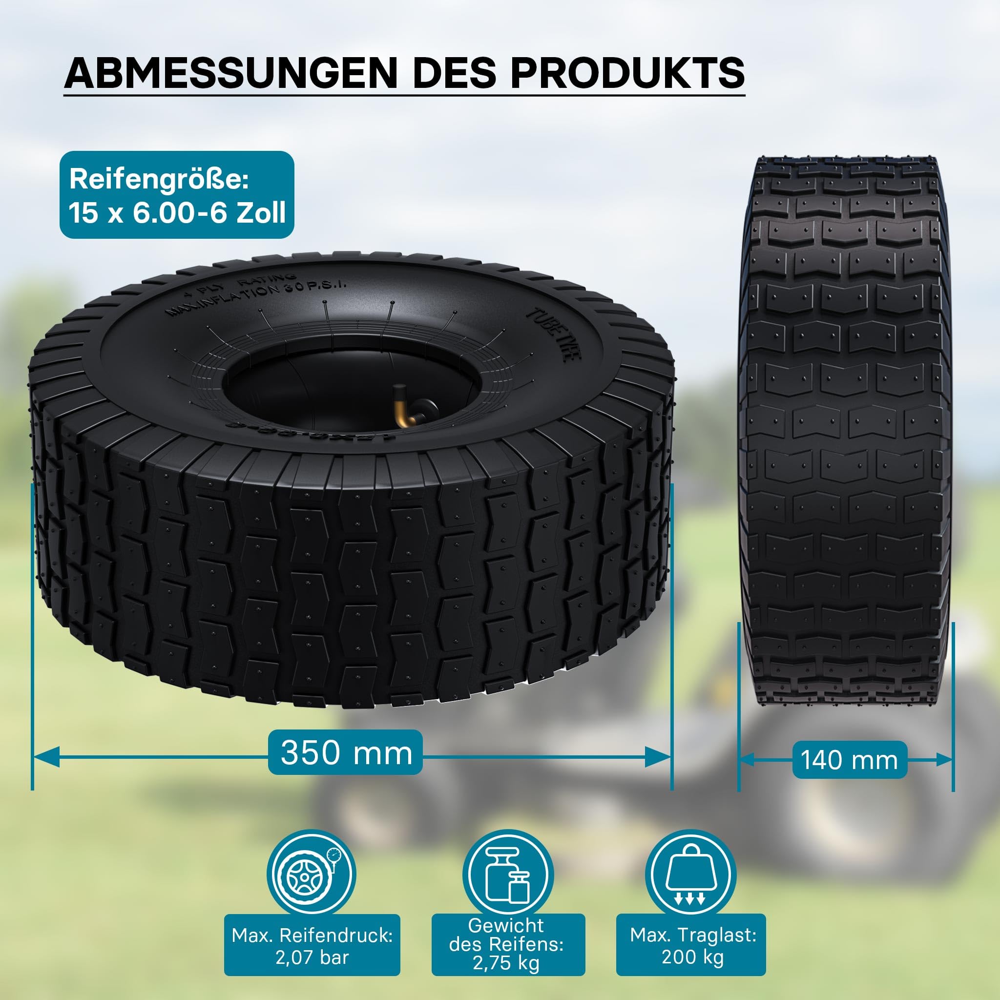 Wiltec Reifen für den Aufsitzmäher 15x6.00-6 4pr mit Schlauch und Winkelventil Komplettrad Rasentraktor
