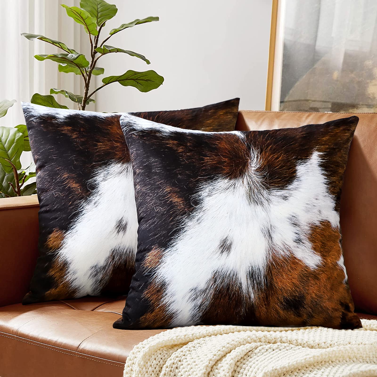 JOTOM Pack of 2 Cushion Covers 45X45 cm Double Sided Cowhide Decorative Pillow Covers 18X18 Inch Soft Velvet Throw Pillowcase Square Cushion Cover for Couch Sofa Car Home Bedroom Decor (Cowhide B)