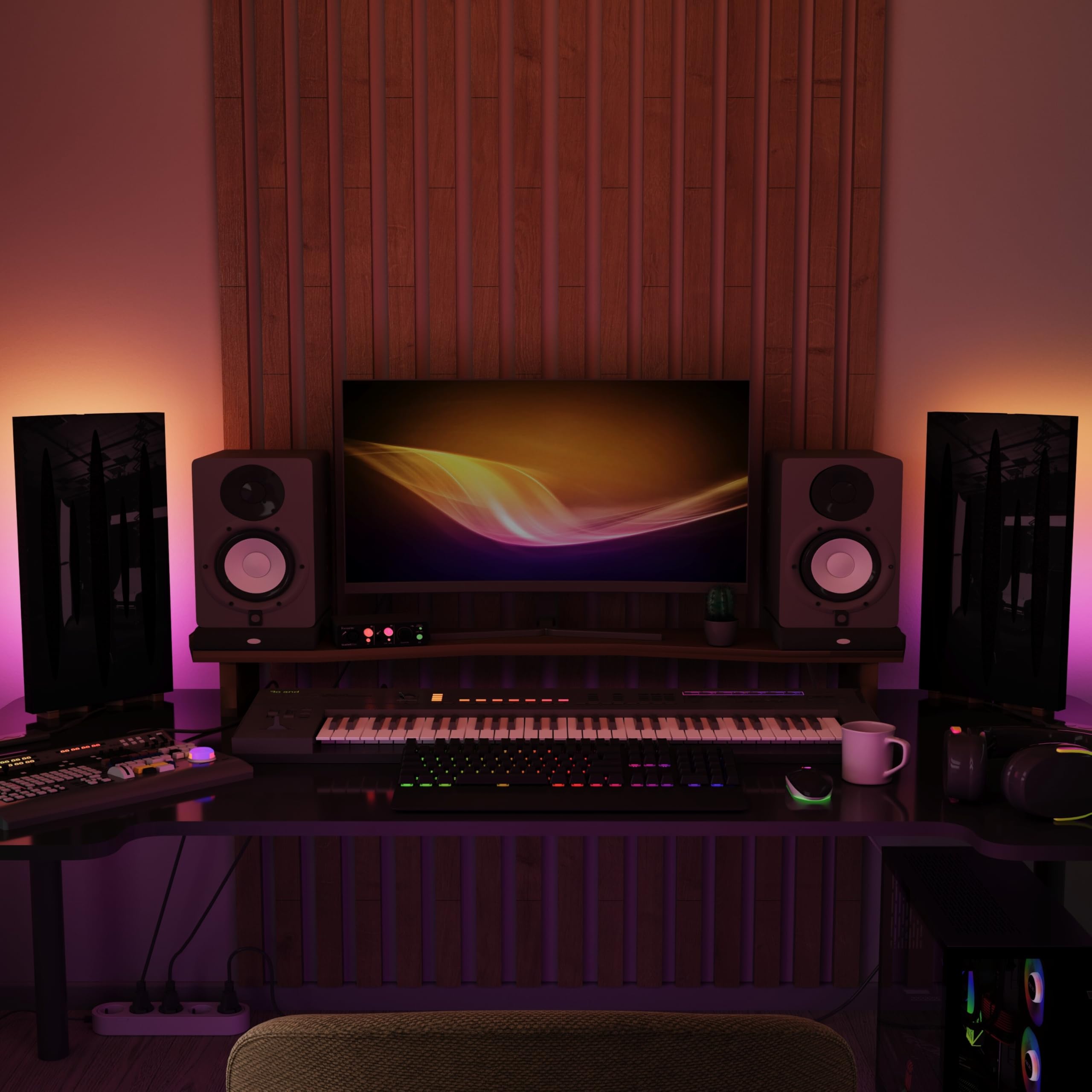 Set di 2 pannelli acustici stretti con lampada da tavolo e illuminazione LED RGB | 25x50cm | Pannelli fonoassorbenti mobili su supporto da tavolo per studio e sala giochi | [PULSAR | Plastica nera]
