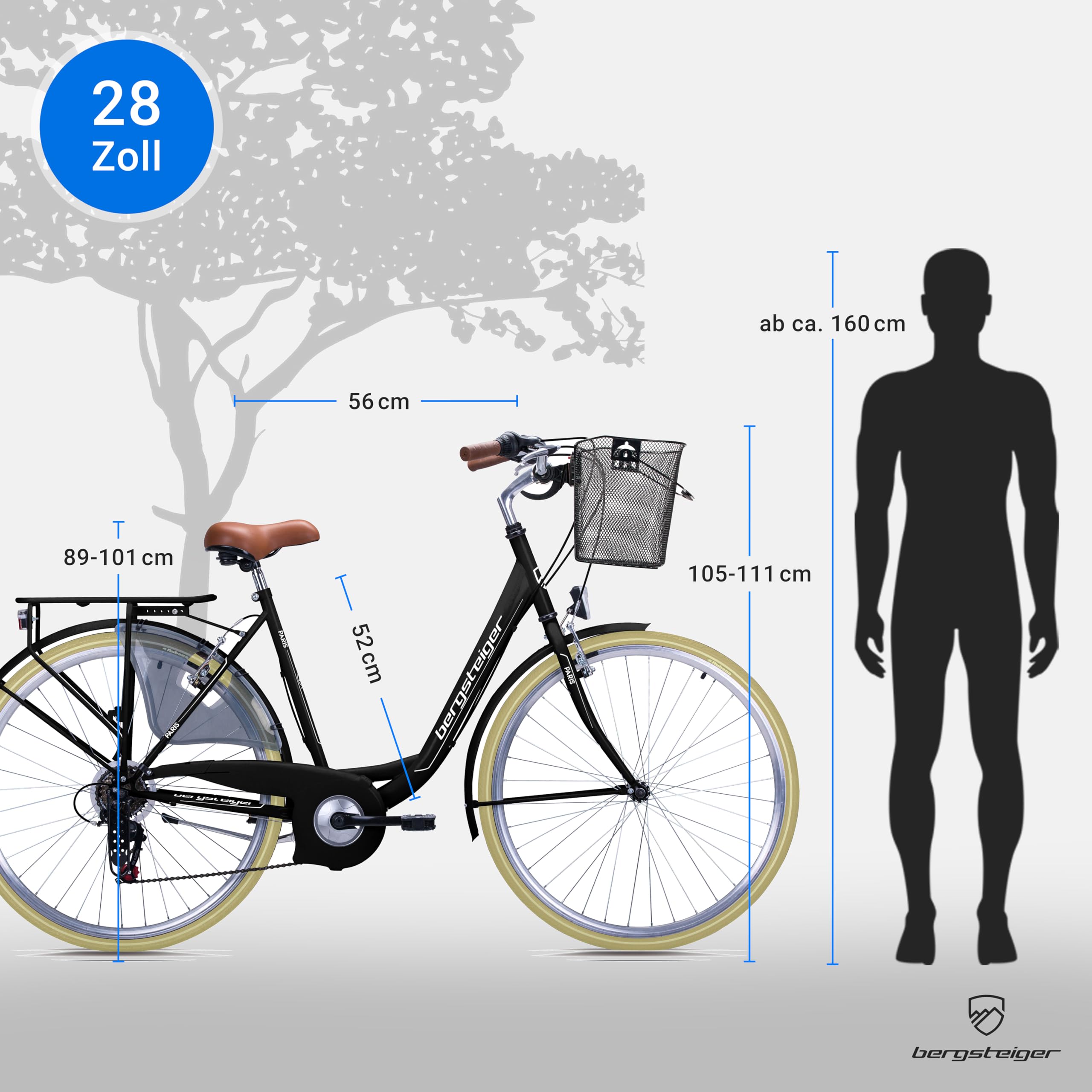 Bergsteiger Paris 26/28 Zoll Damenfahrrad Citybike im Retro-Design | Modischer Hingucker für Stadt und Land ab 140 cm Körpergröße. Mit Korb, 6 Gängen und zu 90 Prozent fertig vormontiert.