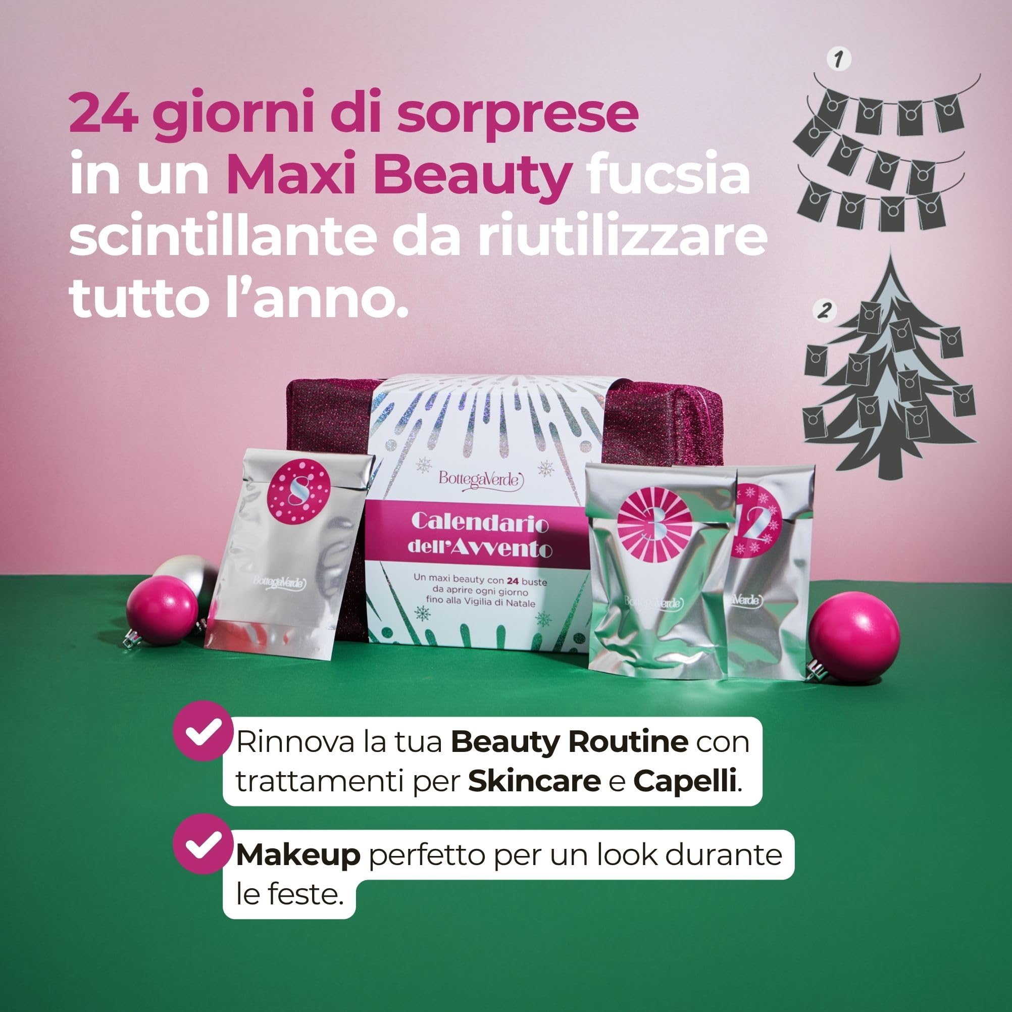 Bottega Verde - Calendario dell’Avvento 2025, Maxi Beauty con 24 Sorprese Giorno per Giorno, Shampoo, Creme, Profumi e Make-up, Idea Regalo Natale