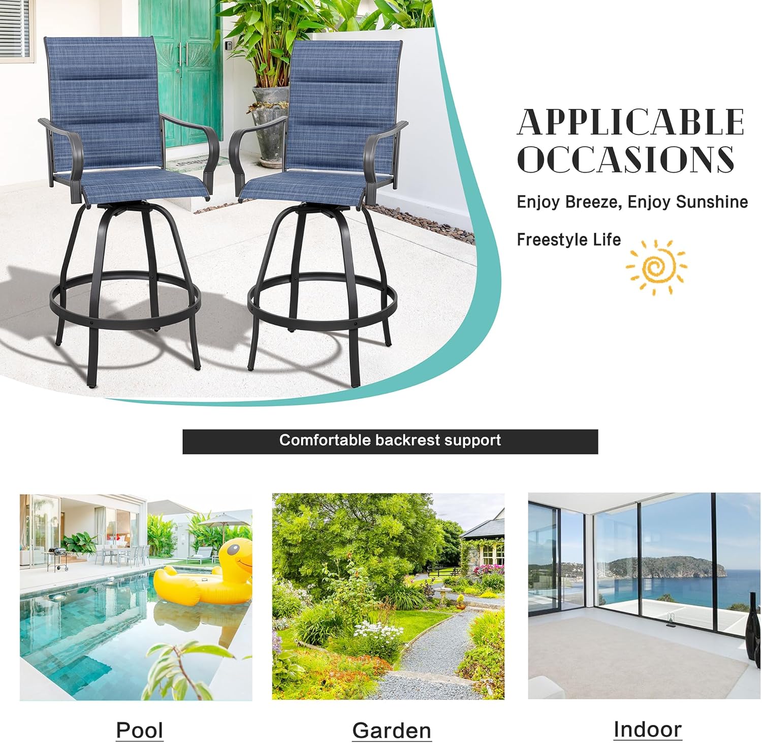 Vongrasig 2 Piece Outdoor Patio Swivel Bar Chairs, All Weather Padded Sling Textile High Top Bar Stools, Bistro Set for Backyard, Lawn Garden, Balcony, Padded Blue