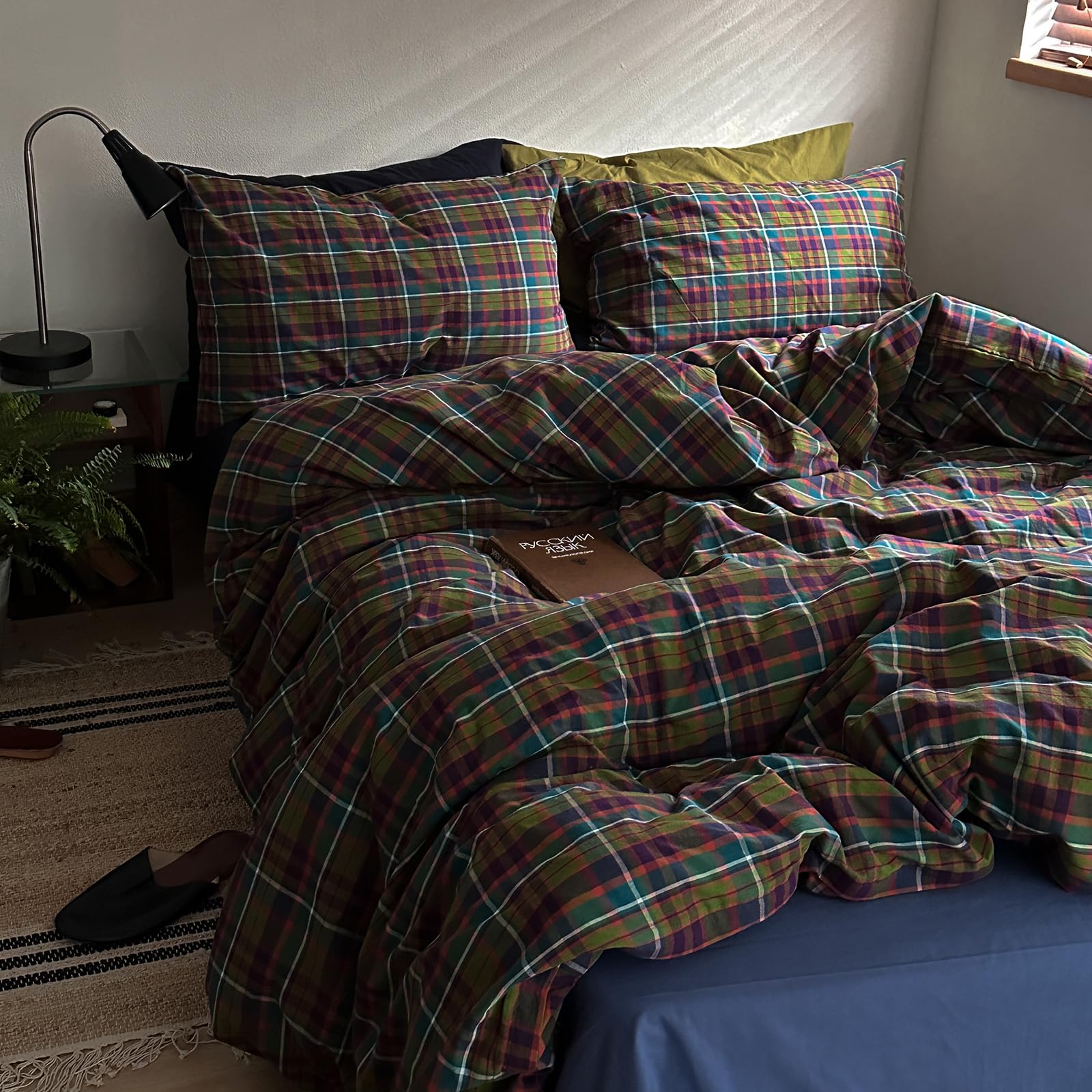 EAVD Buffalo Plaid Duvet Cover Twin Soft 100% Washed Cotton Green&amp;Navy&amp;Red