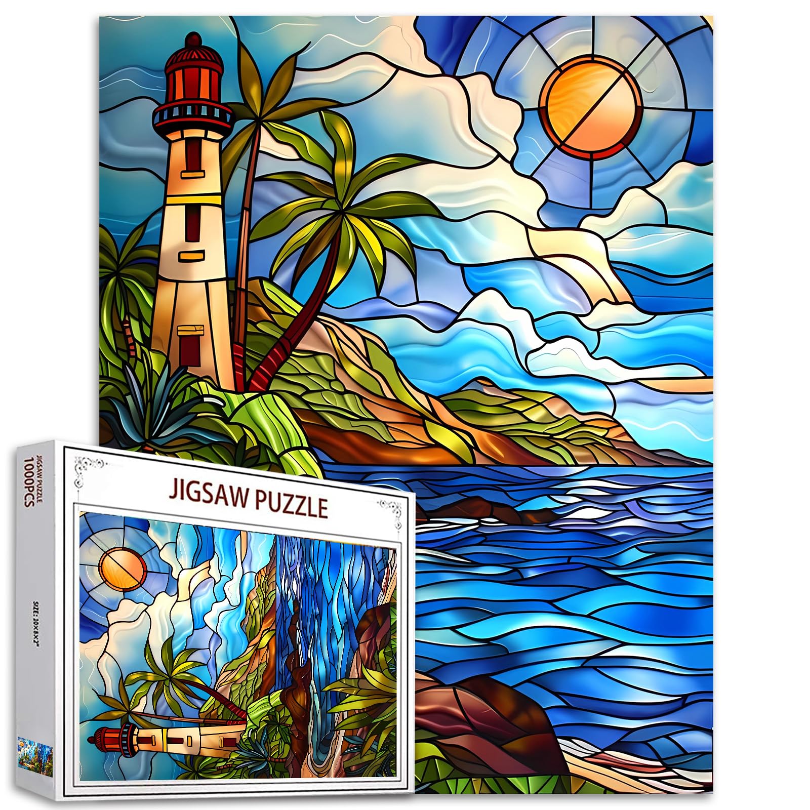 Jigsaw Puzzles 1000 Pieces for Adults-Lighthouse Glass Style Seaside Puzzle-Challenging Puzzle Perfect for Game Nights-DIY Home Wall Decor-Art Puzzles Colorful Stained Glass Lighthouse 27" x 20" — image 1