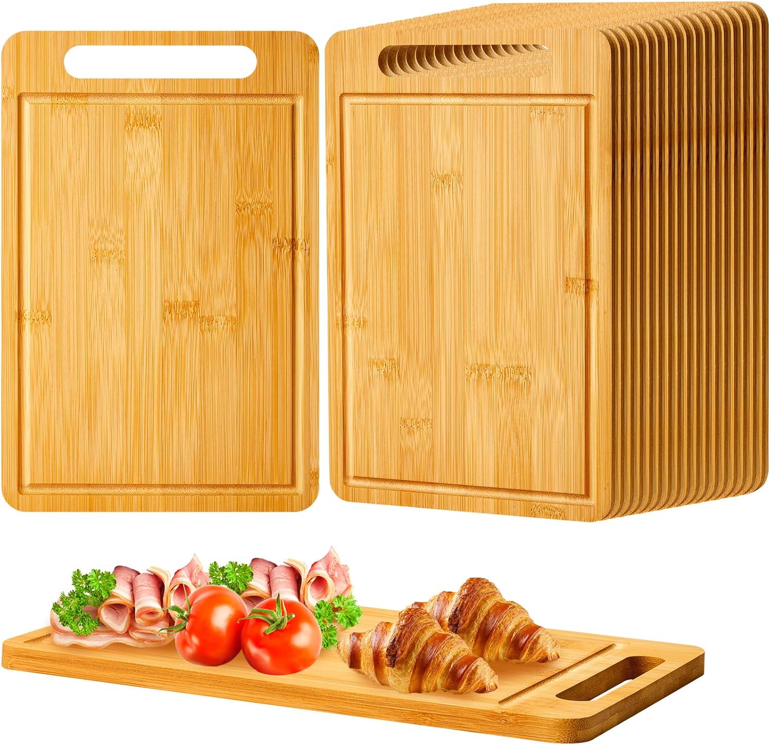 Nuenen 30 Pcs Bulk Wood Cutting Board with Handle 12 x 7.8 Inch Acacia Bamboo Wooden Kitchen Serving Chopping Boards for Pizza, Bread, Charcuterie, Fruit, Vegetables (Bamboo) 30 Bamboo
