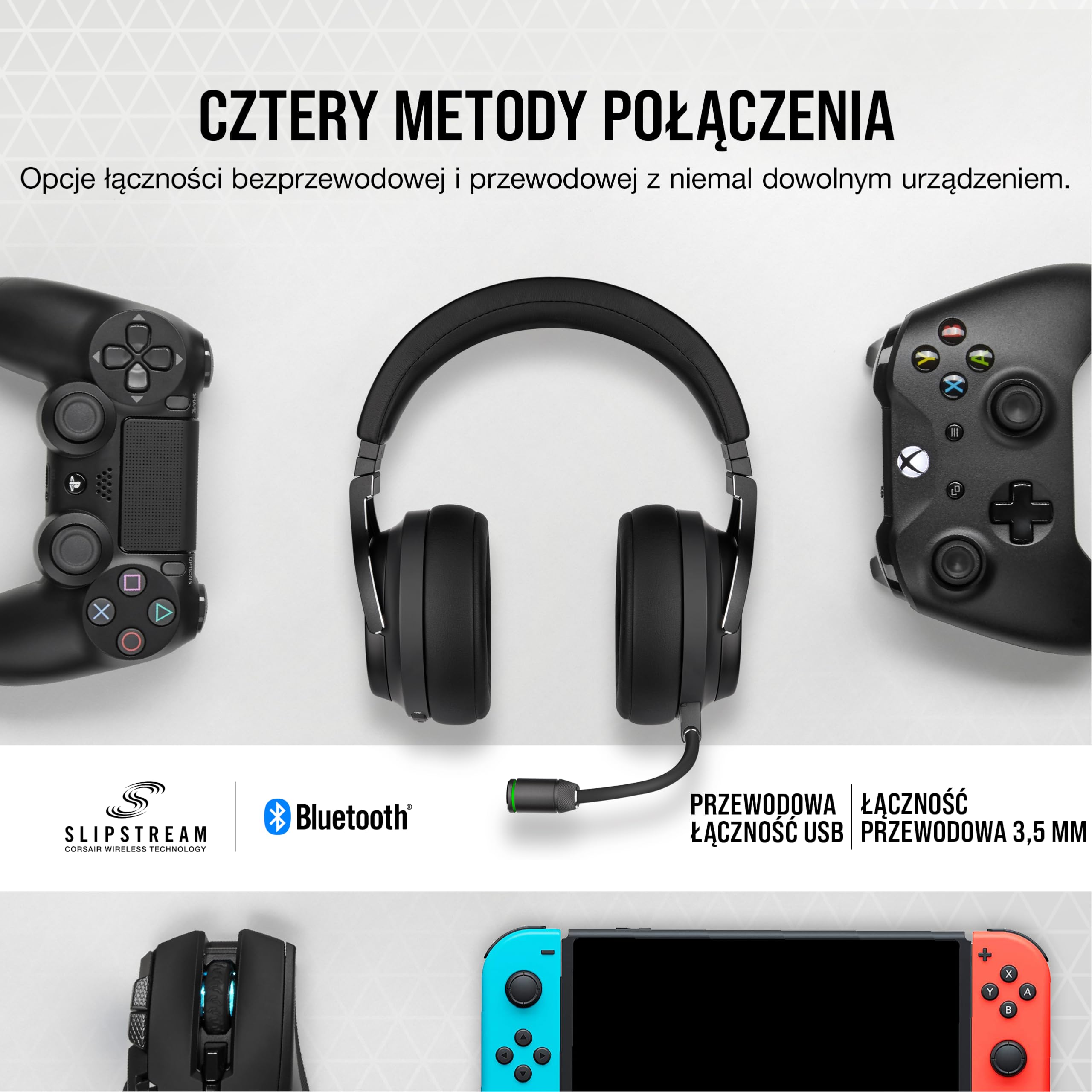 CORSAIR VIRTUOSO RGB WIRELESS XT Wieloplatformowy zestaw Bluetooth słuchawkowy, Dolby Atmos, mikrofon wysokiej jakości, kompatybilny z iCUE - PC, Mac, PS5, PS4, Nintendo Switch, mobilny - Czarny