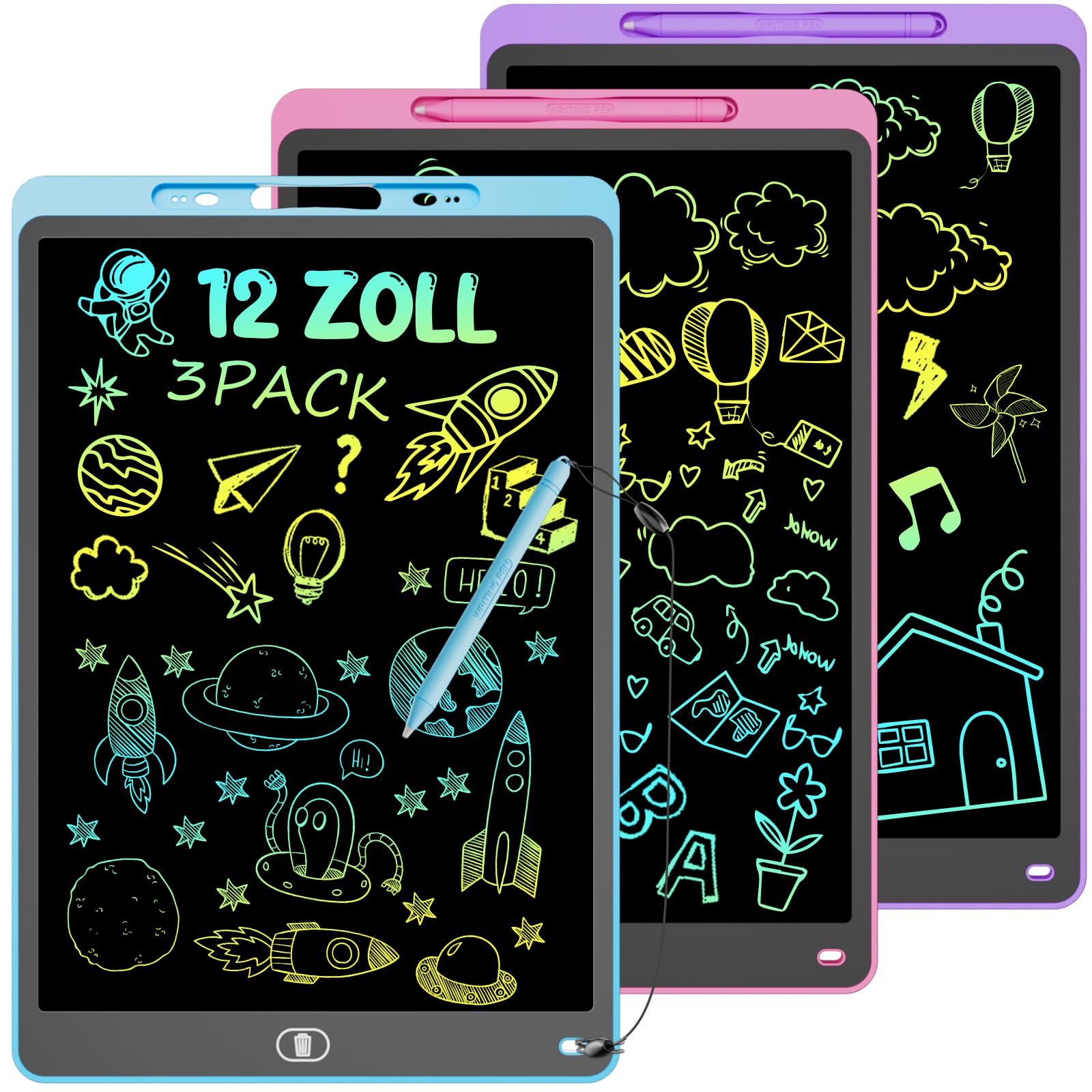 Electight LCD Schreibtafel 3 Stück, 12 Zoll Maltafel mit Abschließbar Löschen-Taste, Schreibtafel mit Stift, Umweltschutz Augenpflege Zaubertafel, Lernspielzeug-Geschenk für 3-8 Jahre Kinder - 2