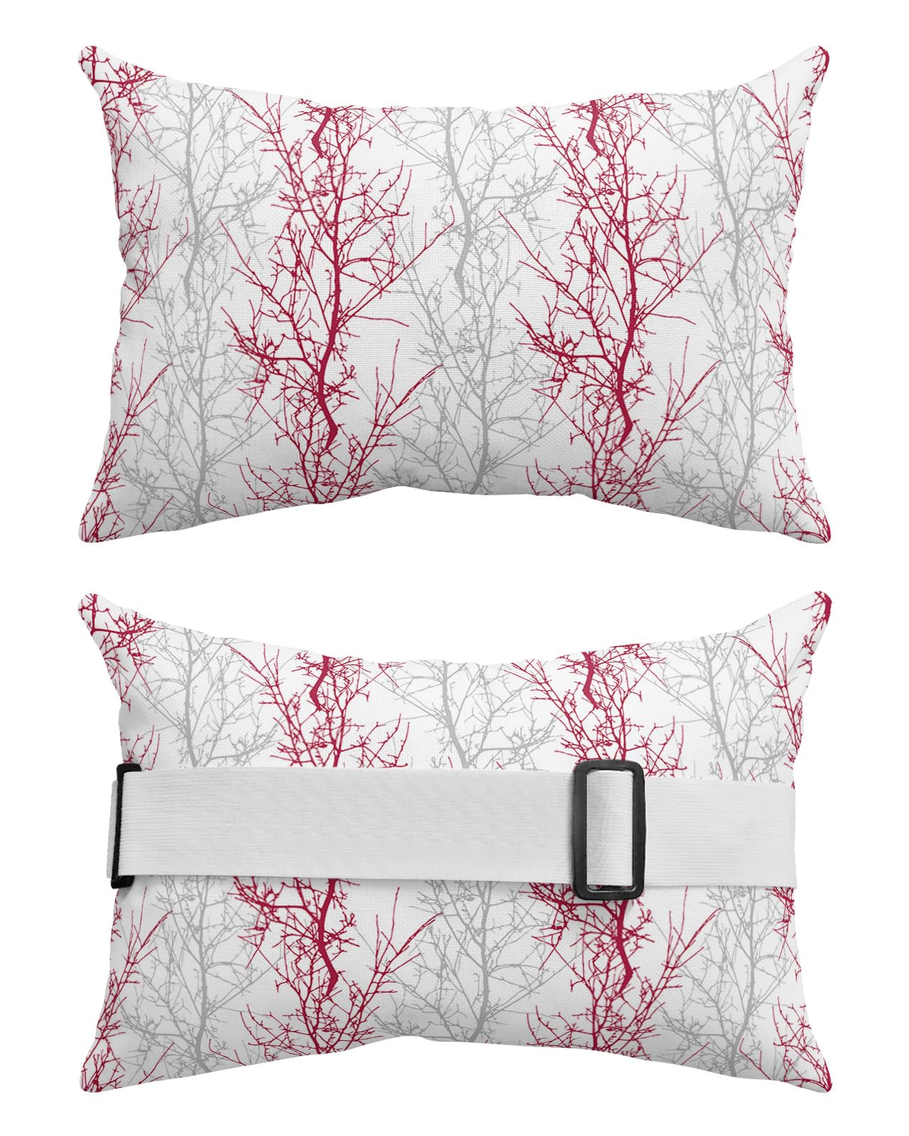 Gradation Grey Outdoor Beach Pool Chaise Lounge Chair Head Throw Pillow Covers 12x20 With Insert And Adjustable Elastic Stripe Set of 2,Lumbar Cushion Pillow Cases,Abstract Tree Branch Forest Rose Red