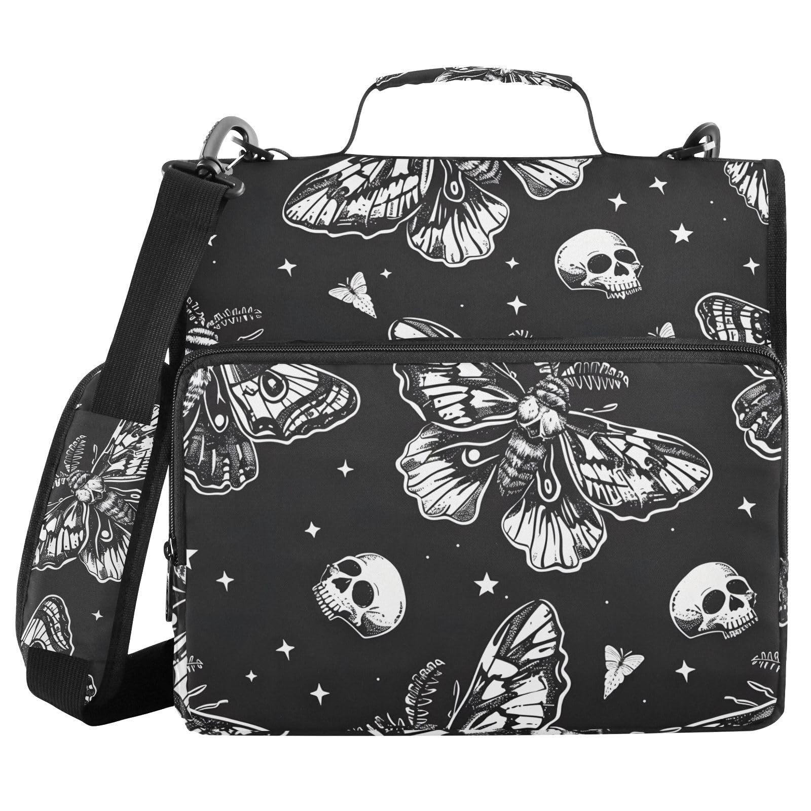3 Ring Zipper Binder with Shoulder Strap Skull Moon Moth Black Skeleton 1.5 inch Binders Keeper Large Capacity Multi Pockets for School Office Supplies