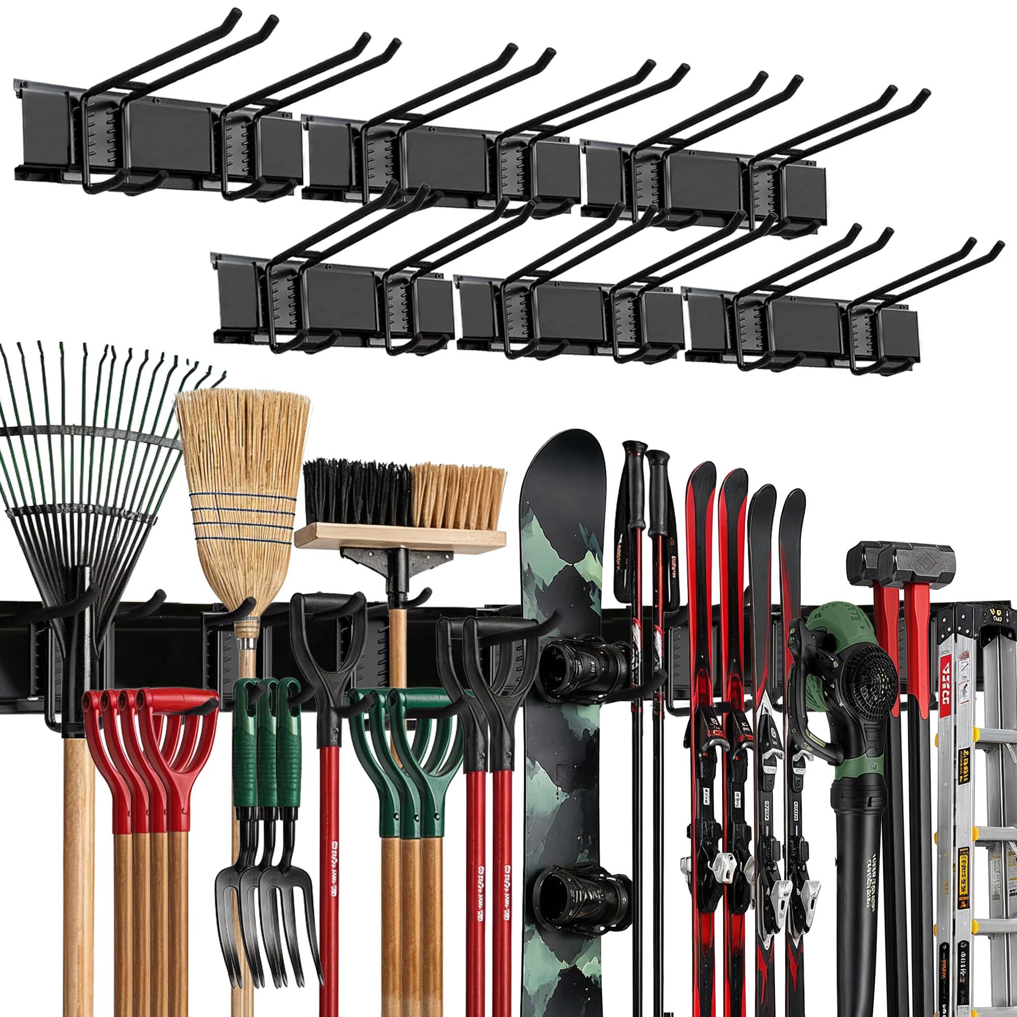 Organiseur mural de garage | Porte-outils robuste de 243,8 cm | Crochets doubles couches réglables | Capacité de 272,2 kg | Support mural en acier au carbone pour pelles, râteaux, échelles et outils
