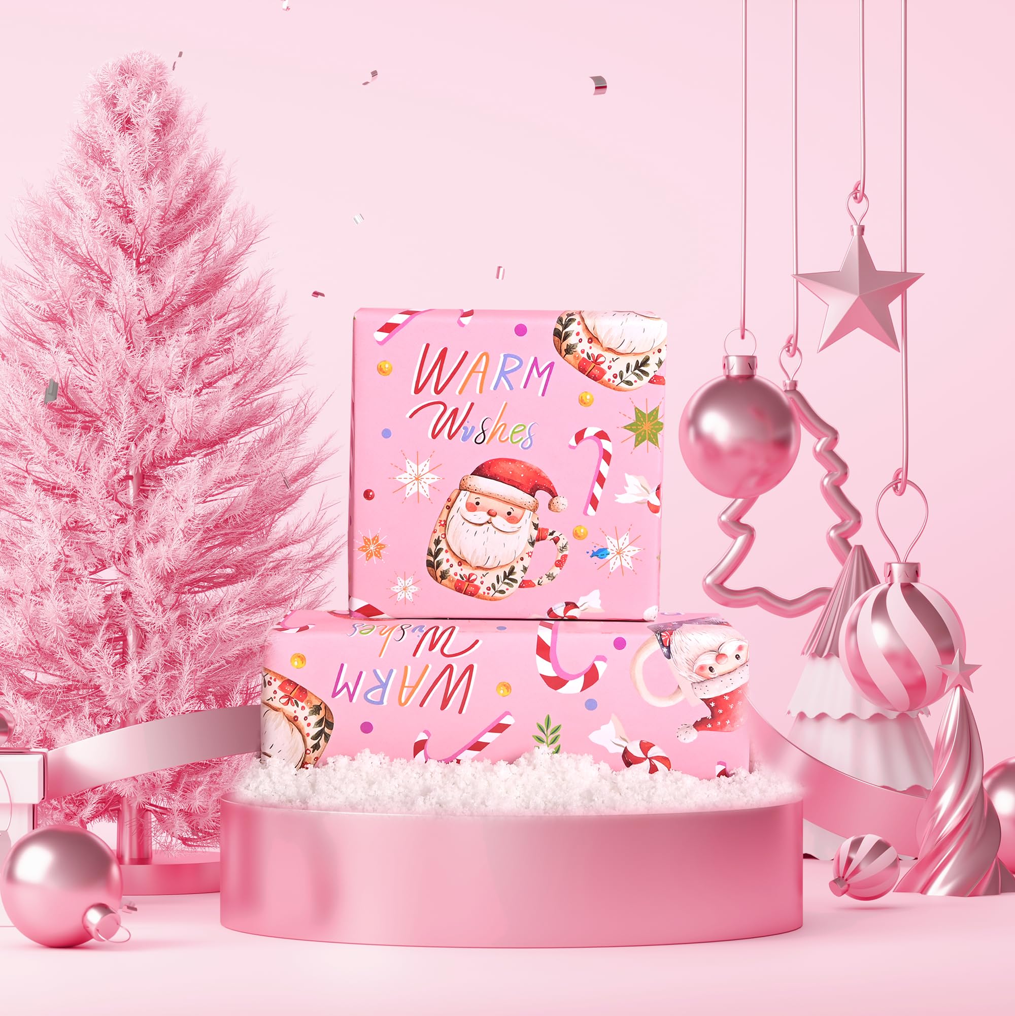 Vnaaem Rouleau de papier cadeau de Noël rose – Tasse de Père Noël et canne à sucre d'orge avec nœud – Papier cadeau pour fêtes de fin d'année, fêtes d'hiver – 43,2 cm x 6,1 m (total 2,5 m²)