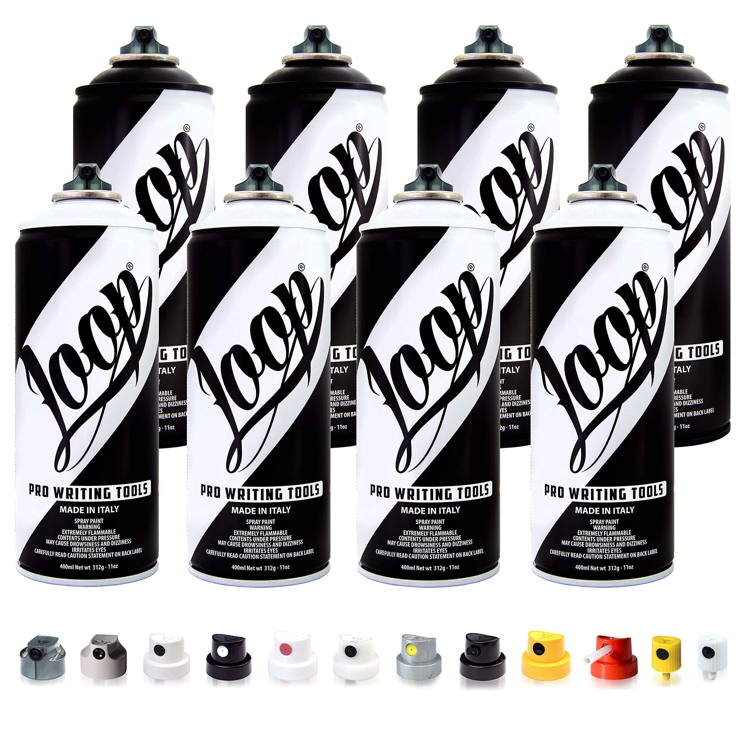 Betterrun LOOP Sprühdosen Set Schwarz Weiß - 8 x 400ml Acryllack + 10x Sprühaufsätze - Graffiti Spray Cans