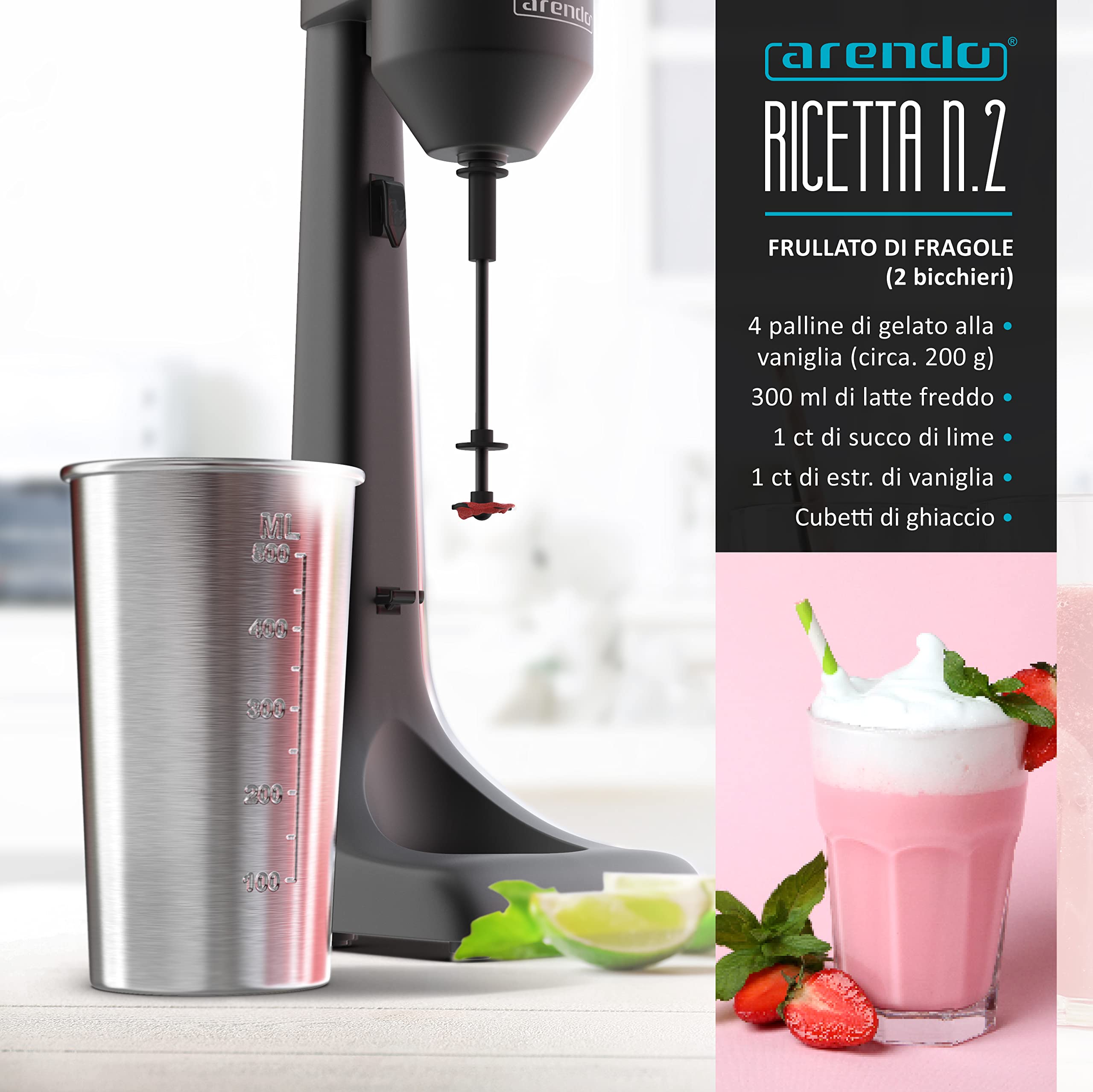 arendo - Frullatore per Bevande - Drink Mixer - Brocca da 500 ml - 100 W - 22.000 Giri min - 2 regolazioni di velocità - Smoothies Milkshake Cocktail