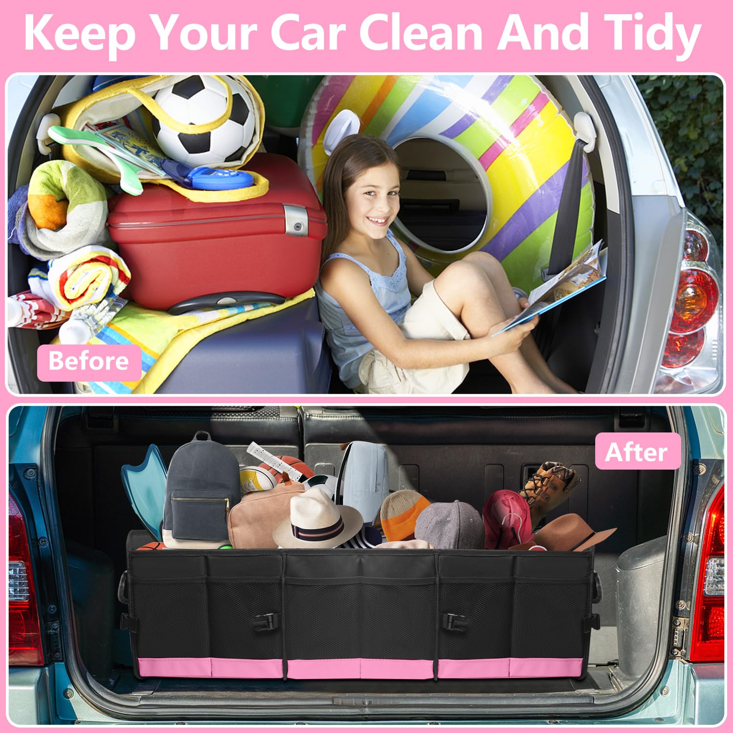 Trunk Organizer for Car, 95L Large Capacity Trunk Storage with Non-Slip Bottom Strips, Cargo Organizer for Suv, Truck, Sedan, Waterproof Portable Car Organizers for Women Men(Pink)