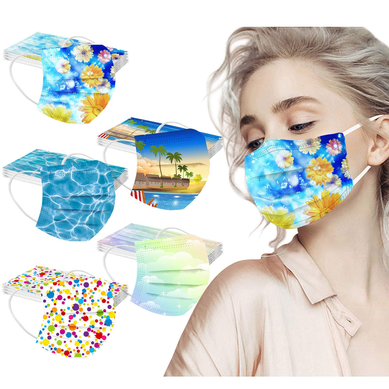 Peky 50PCS Adult Summer Colorful Print Face_Mask,3-ply Cotton Face_Cover With Nose Wire,Various Cool Summer Flower Design,Breathable and Comfortable,