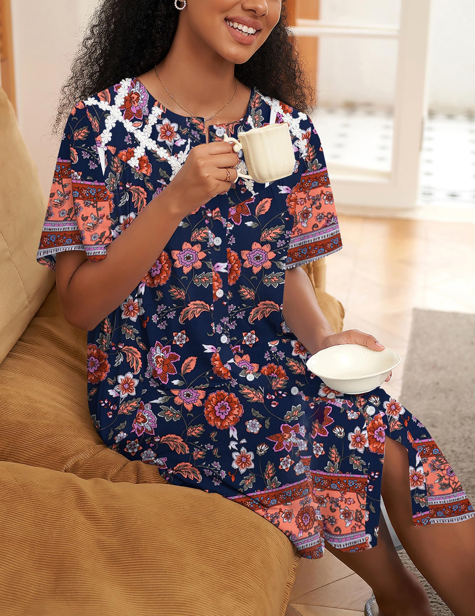 Ekouaer Camisón de manga corta con botones para mujer, vestido de casa, abrigo corto suelto con bolsillos, S-4XL, pat4, S