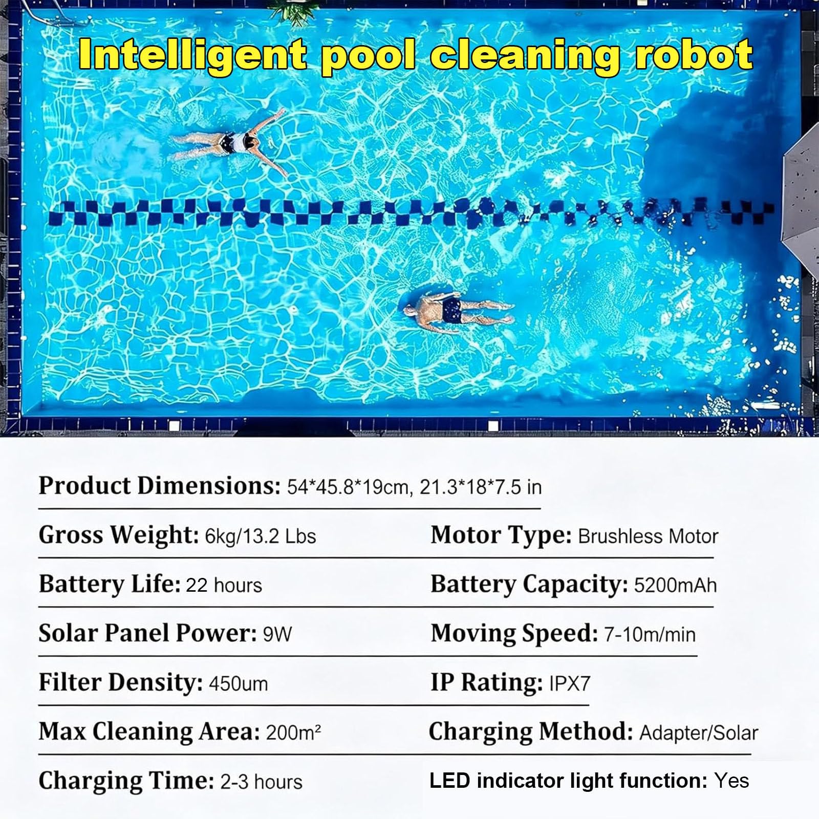 Écumoire de piscine robotique à énergie solaire avec nettoyage continu 22 h, panier filtrant de grande capacité de 3,8 L, application et télécommande, évitement intelligent des obstacles pour les