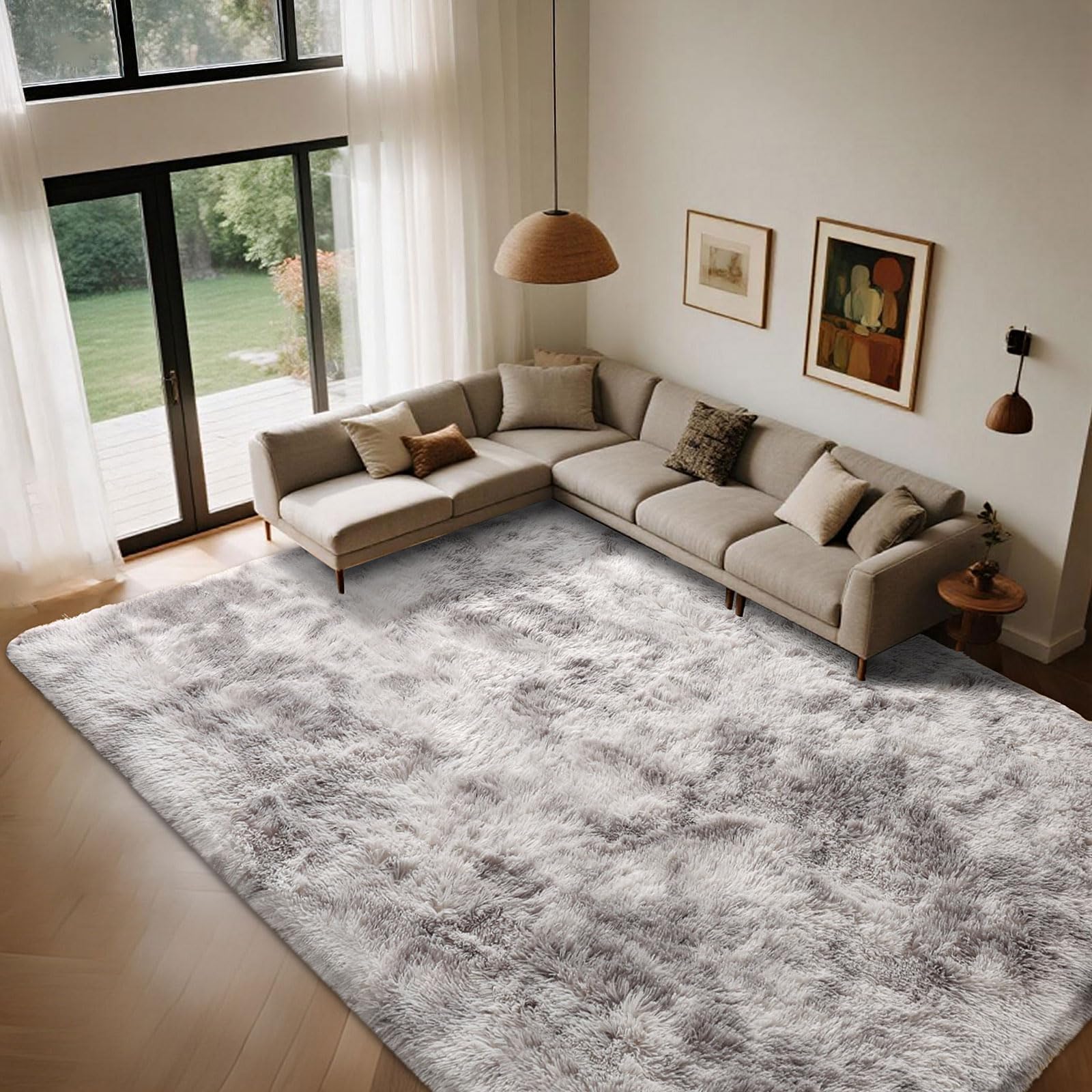 Alfombra Salon Grande Pelo Largo,Alfombra Habitacion Vinilica Antideslizante Lavable,Alfombras Dormitorio Rectangular Tapete para Sala Cocina Comedor(Blanco Gris,160x200cm)