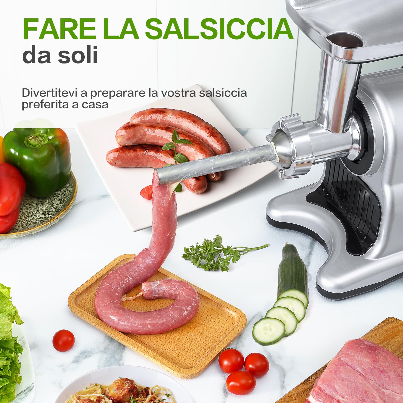 AMZCHEF Macchina 4-IN-1 | ①Estrattore / ②Grattugia Elettrica per Formaggio e Verdure / ③Tritacarne / ④Riempitrice per Salsicce | Argentori di Succhi con 80MM e Attacco Multifunzionale - Argento