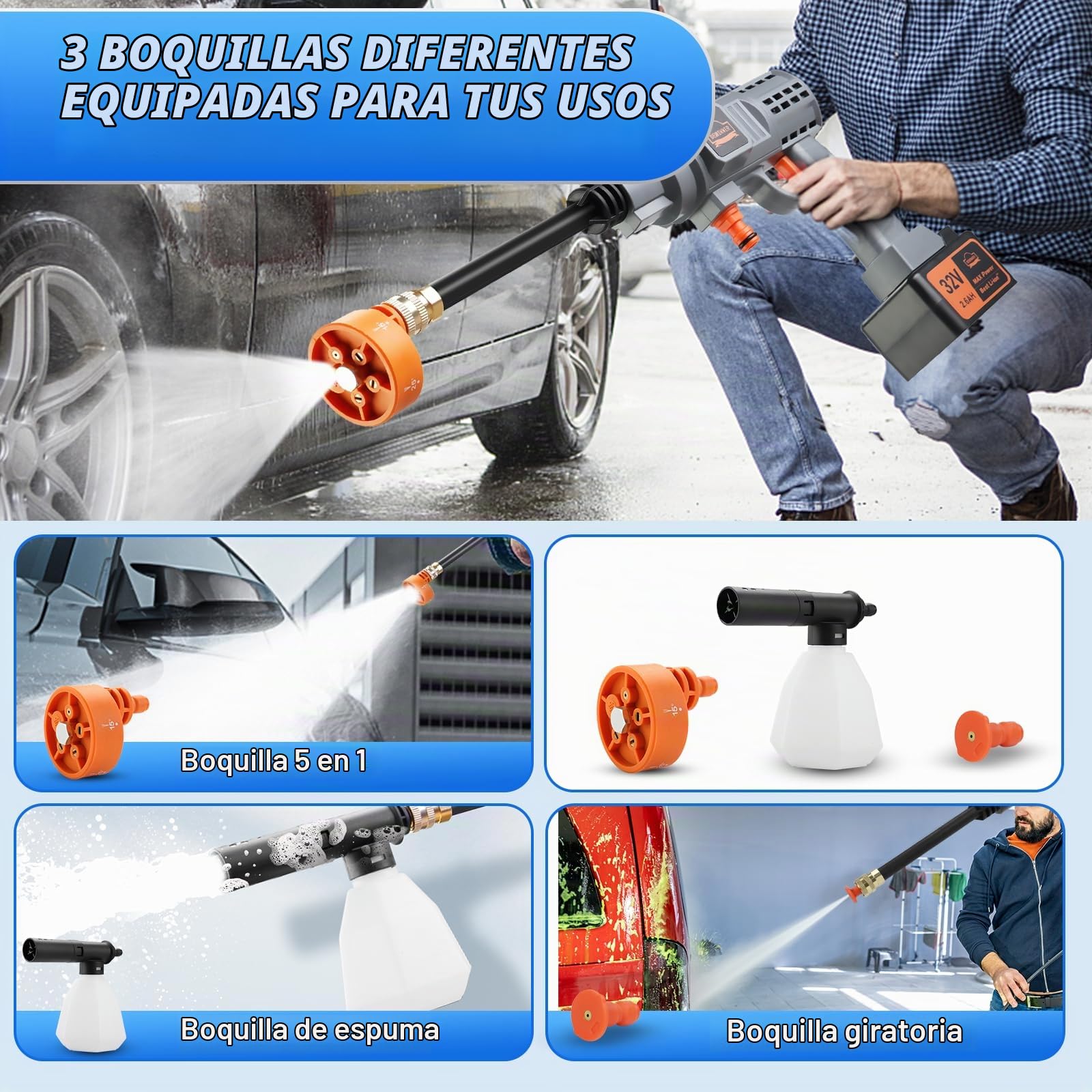 DEWINNER Pistola de Alta Presión Portátil Batería 32V MAX 580 PSI, Kit de Lavado Eléctrico con Batería 2.6Ah y Boquilla Giratoria, Ideal para Coche, Patio, Ventana, Jardín