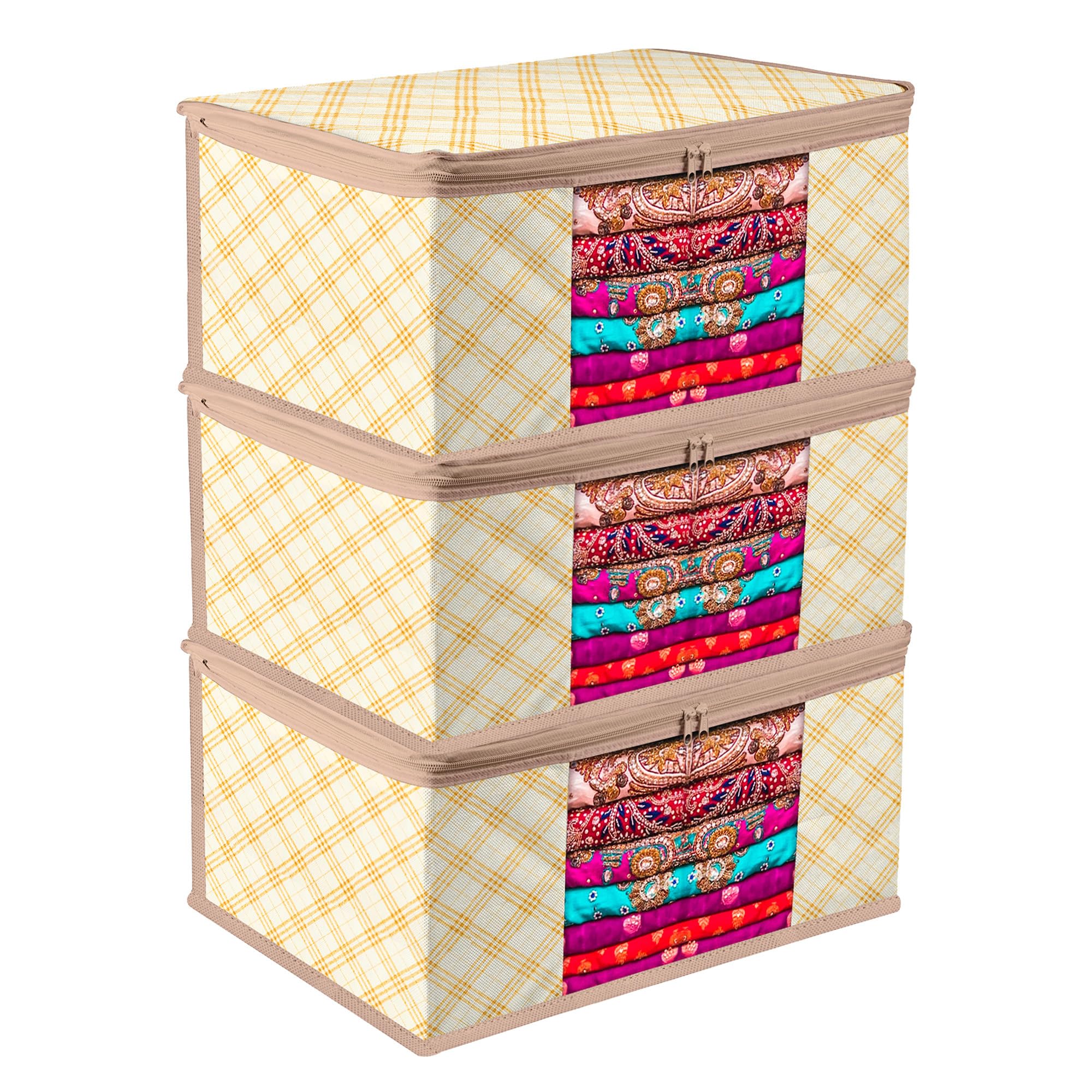 Kuber Industries Saree Cover | Non-woven Check-Design Zip Closure Saree Cover | Wardrobe Organiser | Transparent Window Saree Cover | 9 inch | Pack of 3 | Cream